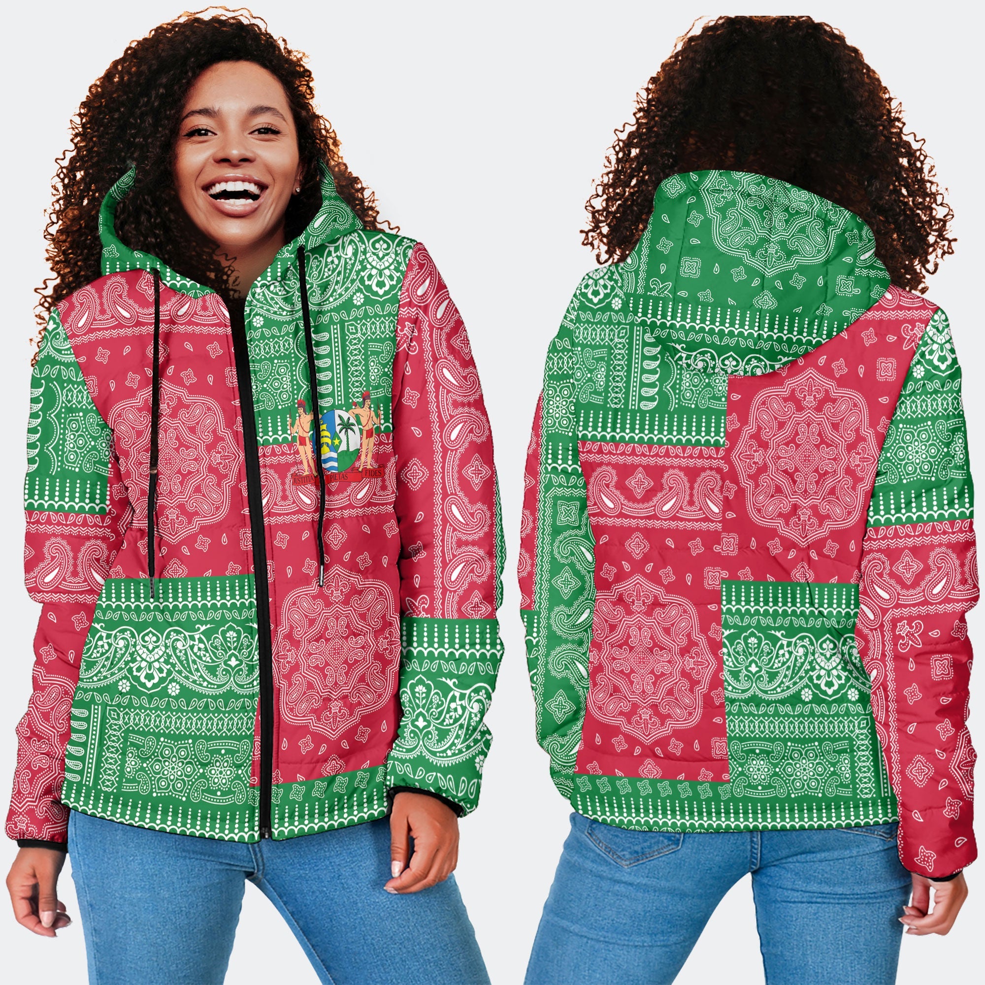 Suriname Women Hooded Padded Jacket Flag And Paisley Basic Style 4