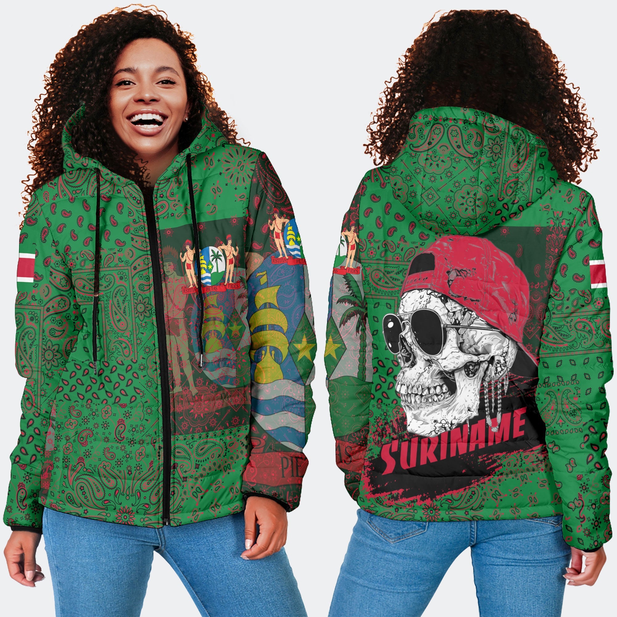 Suriname Women Hooded Padded Jacket Paisley Flag And Skull Style 4