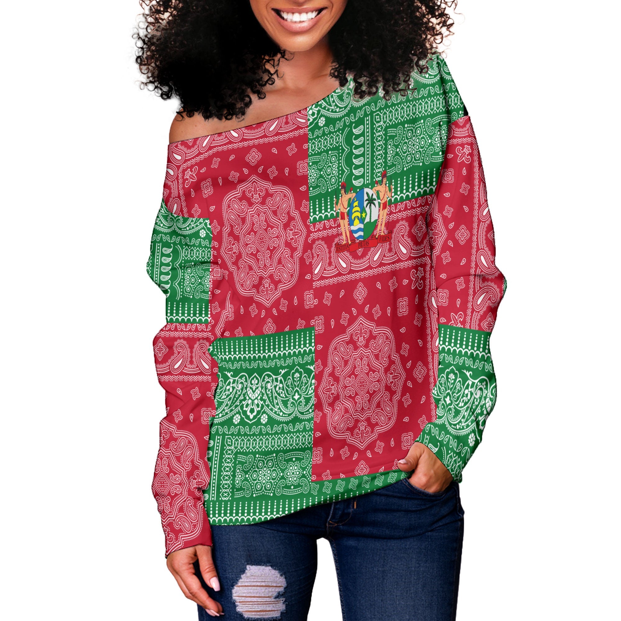 Suriname Women Off Shoulder Sweatshirt Flag And Paisley Basic Style 2