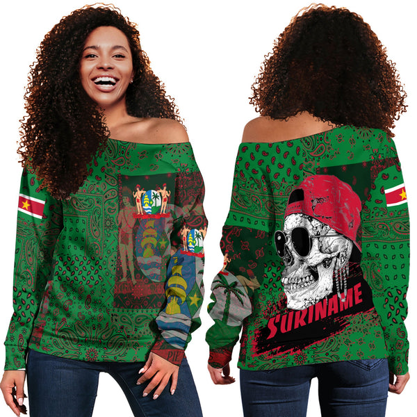 Suriname Women Off Shoulder Sweatshirt Paisley Flag And Skull Style 1