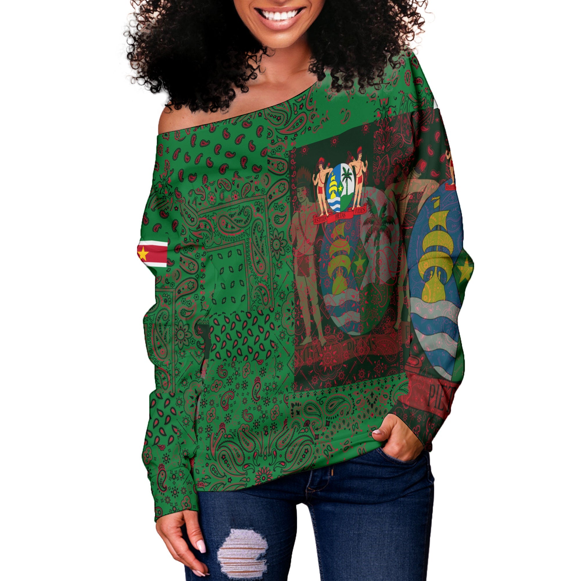 Suriname Women Off Shoulder Sweatshirt Paisley Flag And Skull Style 2