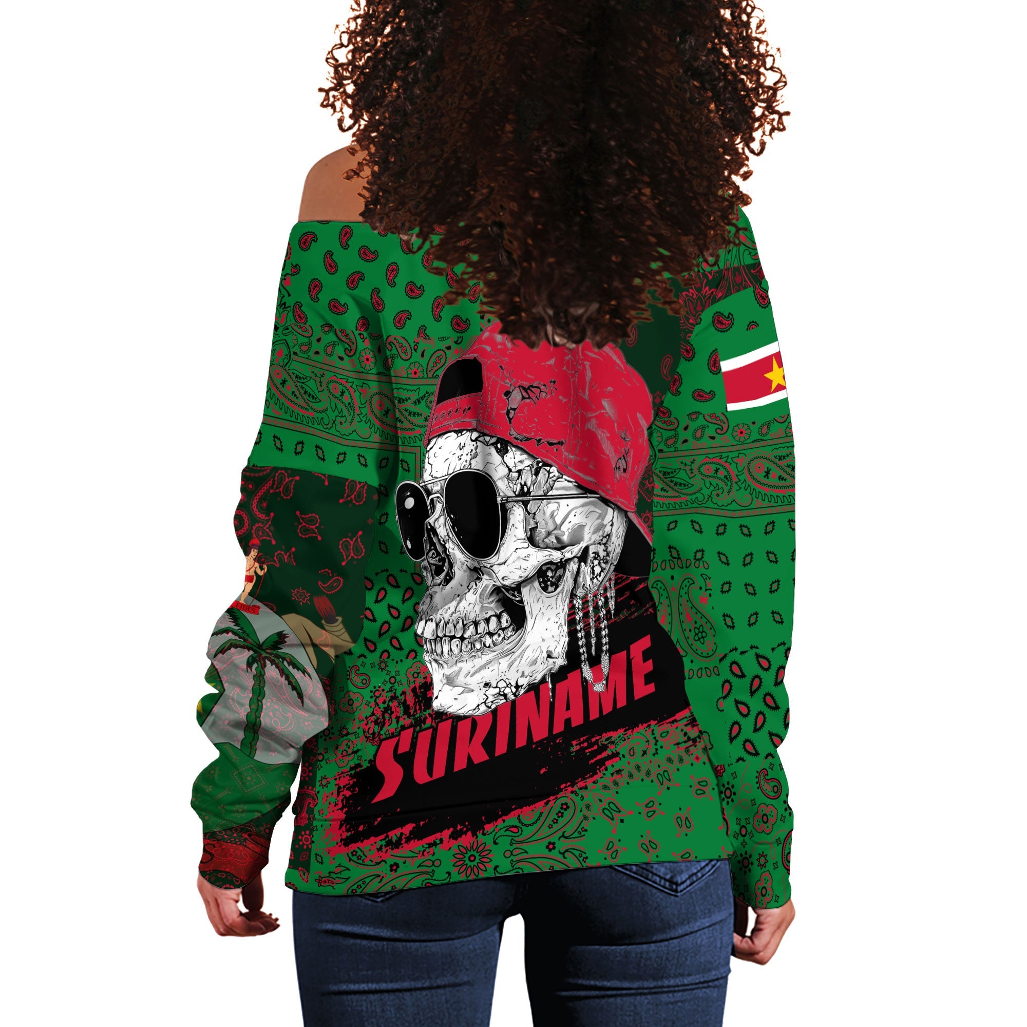 Suriname Women Off Shoulder Sweatshirt Paisley Flag And Skull Style 3