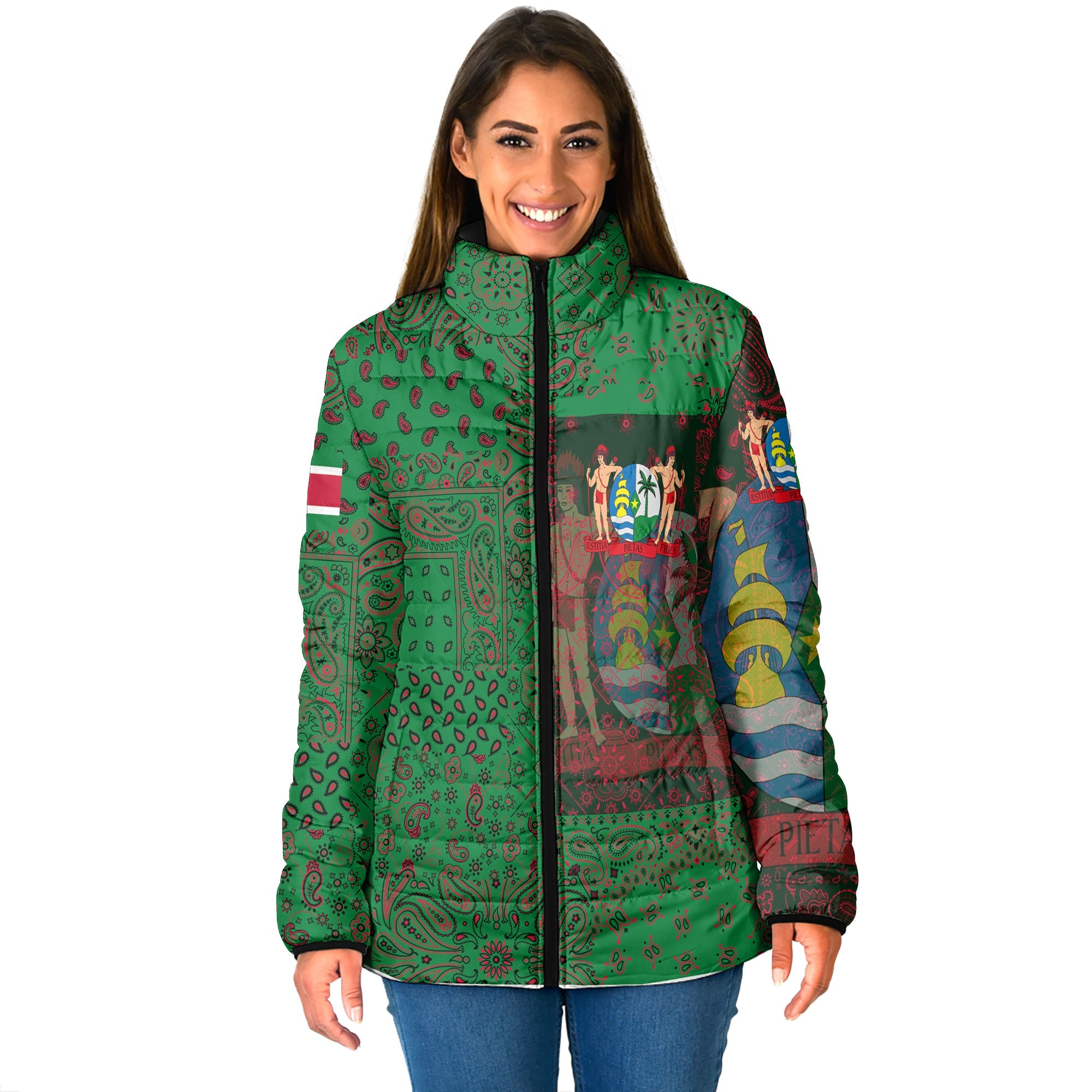 Suriname Women Padded Jacket Paisley Flag And Skull Style 1