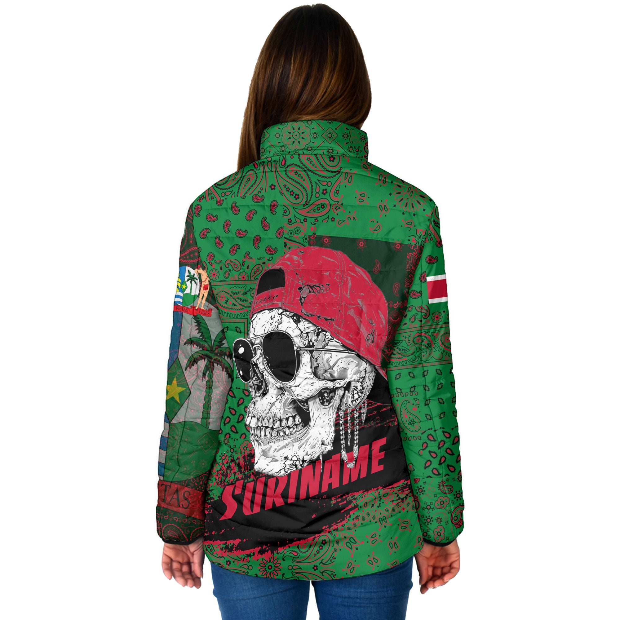 Suriname Women Padded Jacket Paisley Flag And Skull Style 2