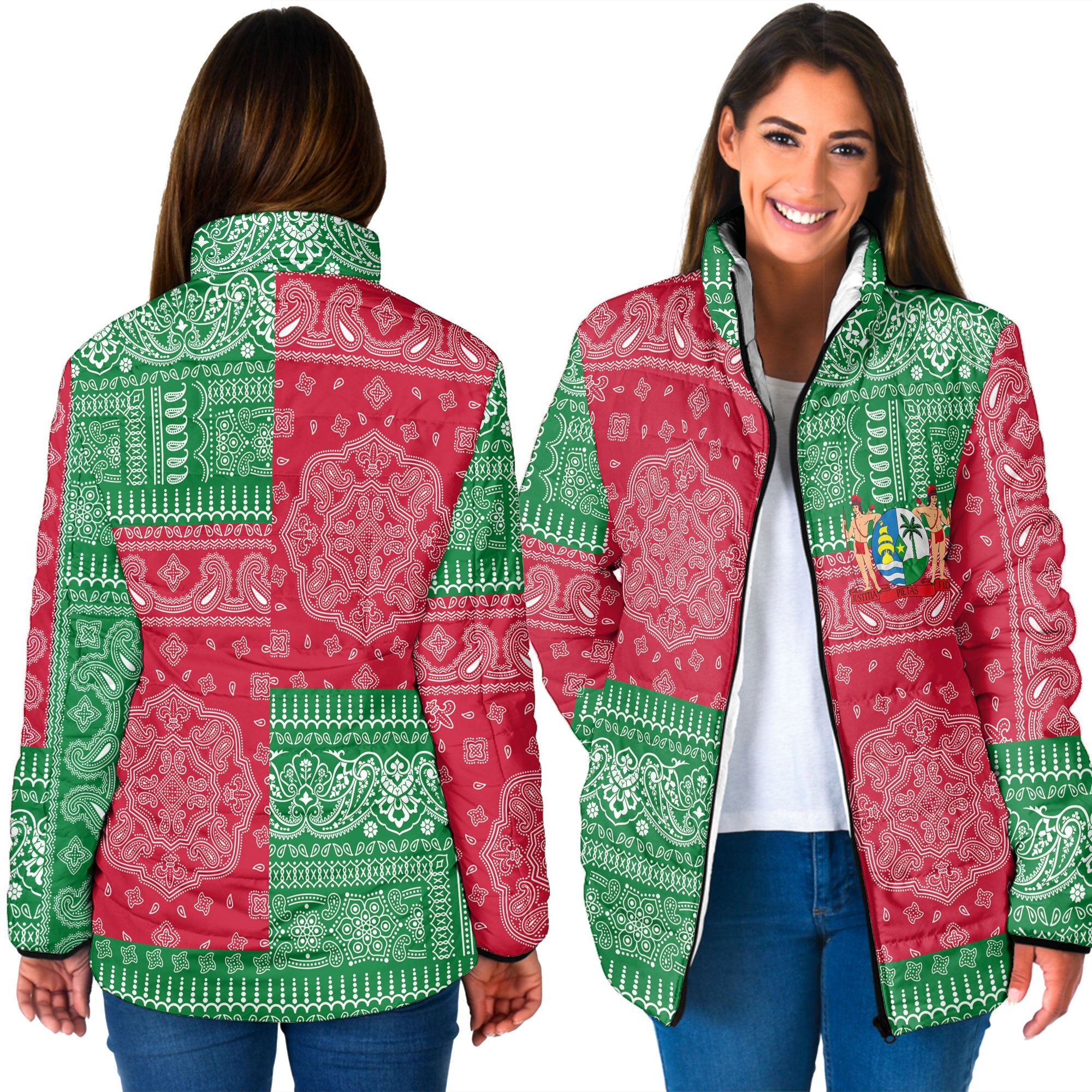 Suriname Women Padded Jacket Flag And Paisley Basic Style 3