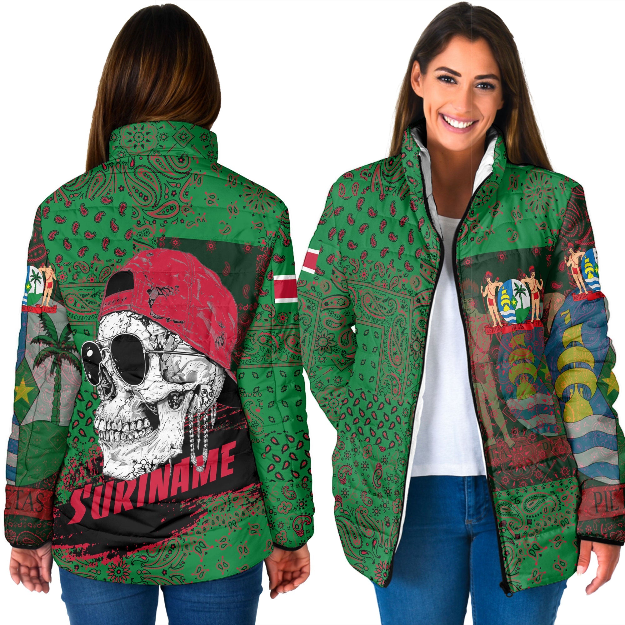 Suriname Women Padded Jacket Paisley Flag And Skull Style 3