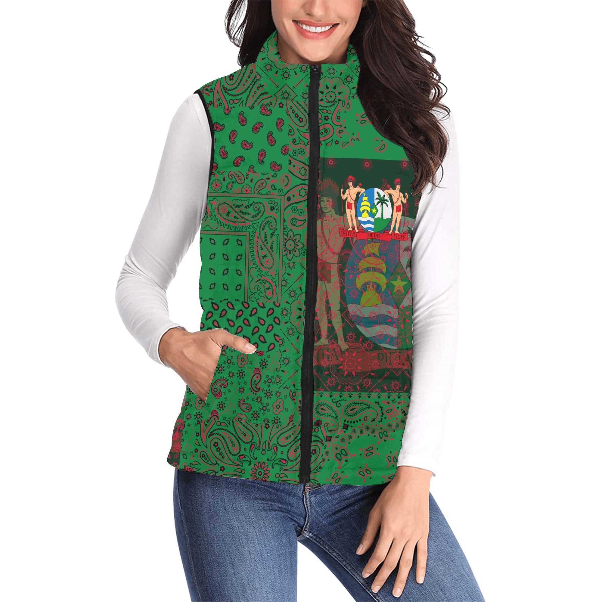 Suriname Women Padded Jacket Vest Paisley Flag And Skull Style 1