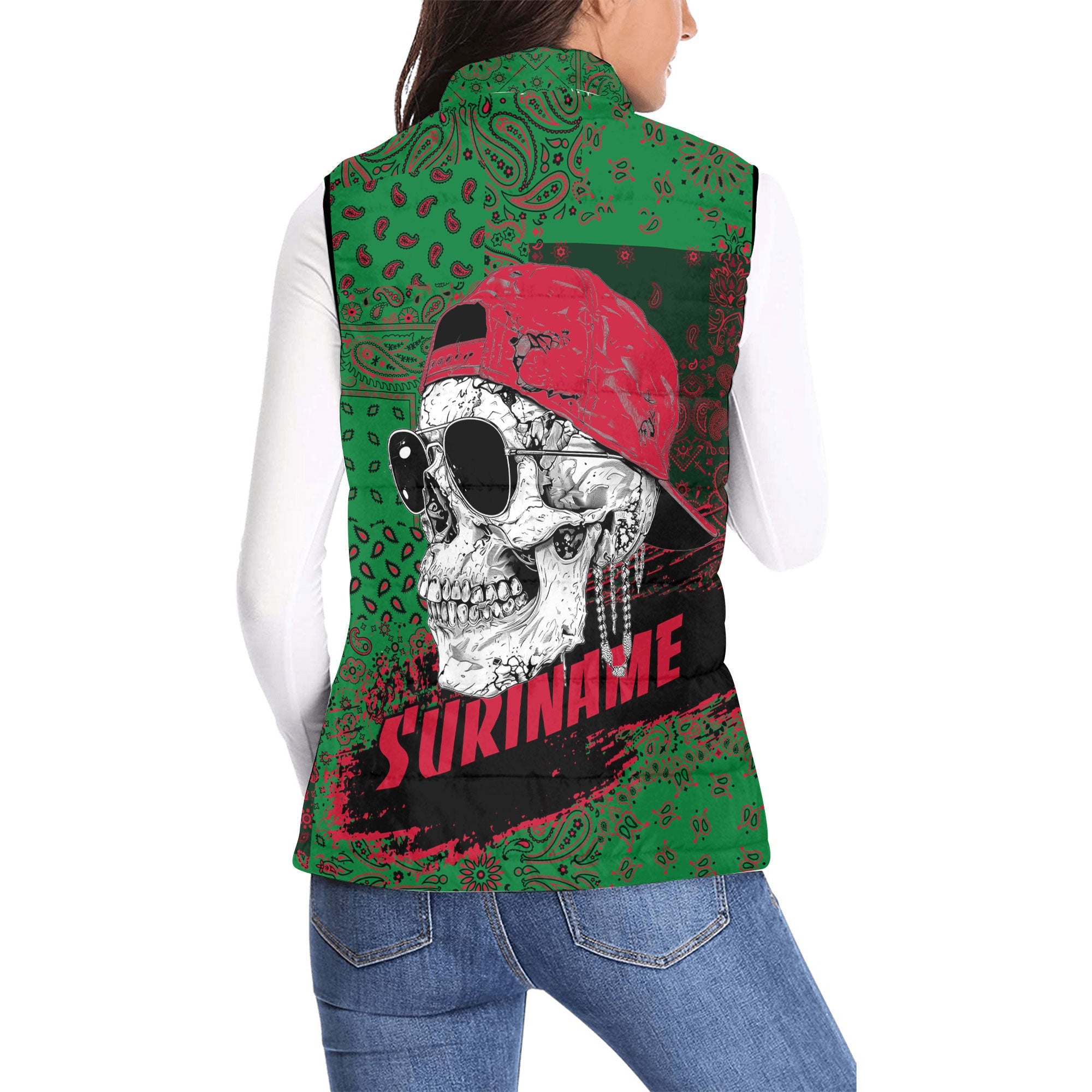 Suriname Women Padded Jacket Vest Paisley Flag And Skull Style 2