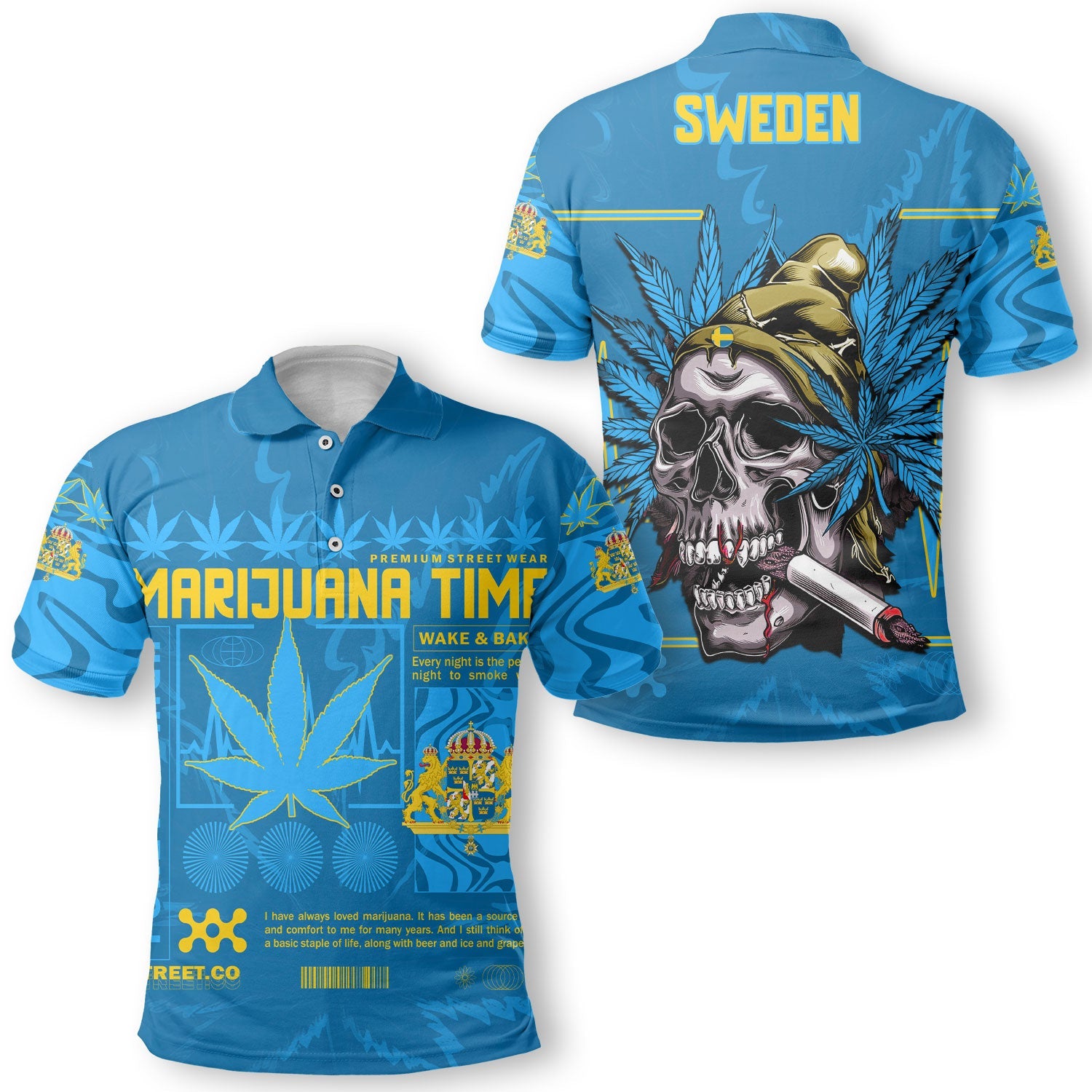 Sweden Polo Shirt Flag & Coat Of Arms Marijuanas Style