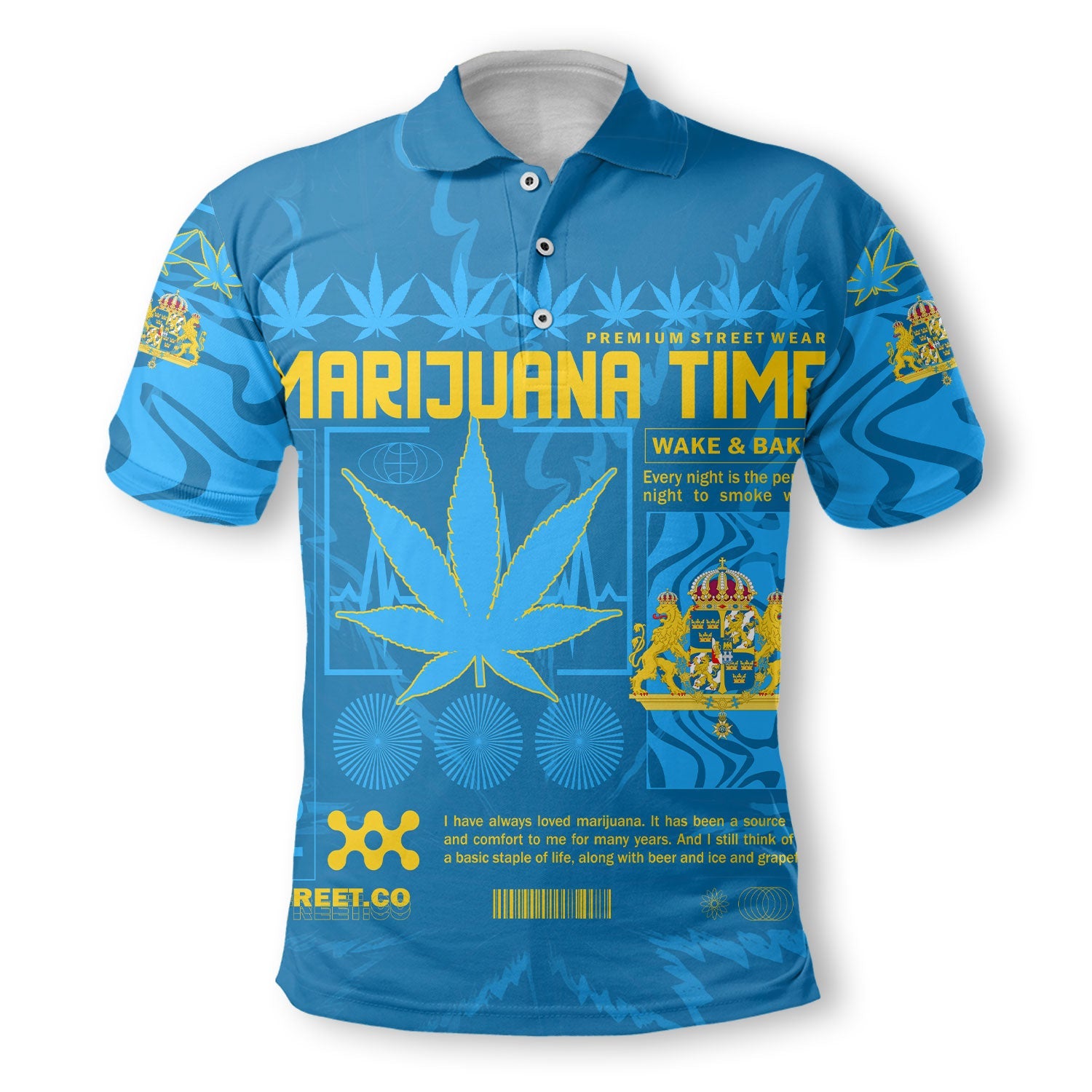 Sweden Polo Shirt Flag & Coat Of Arms Marijuanas Style