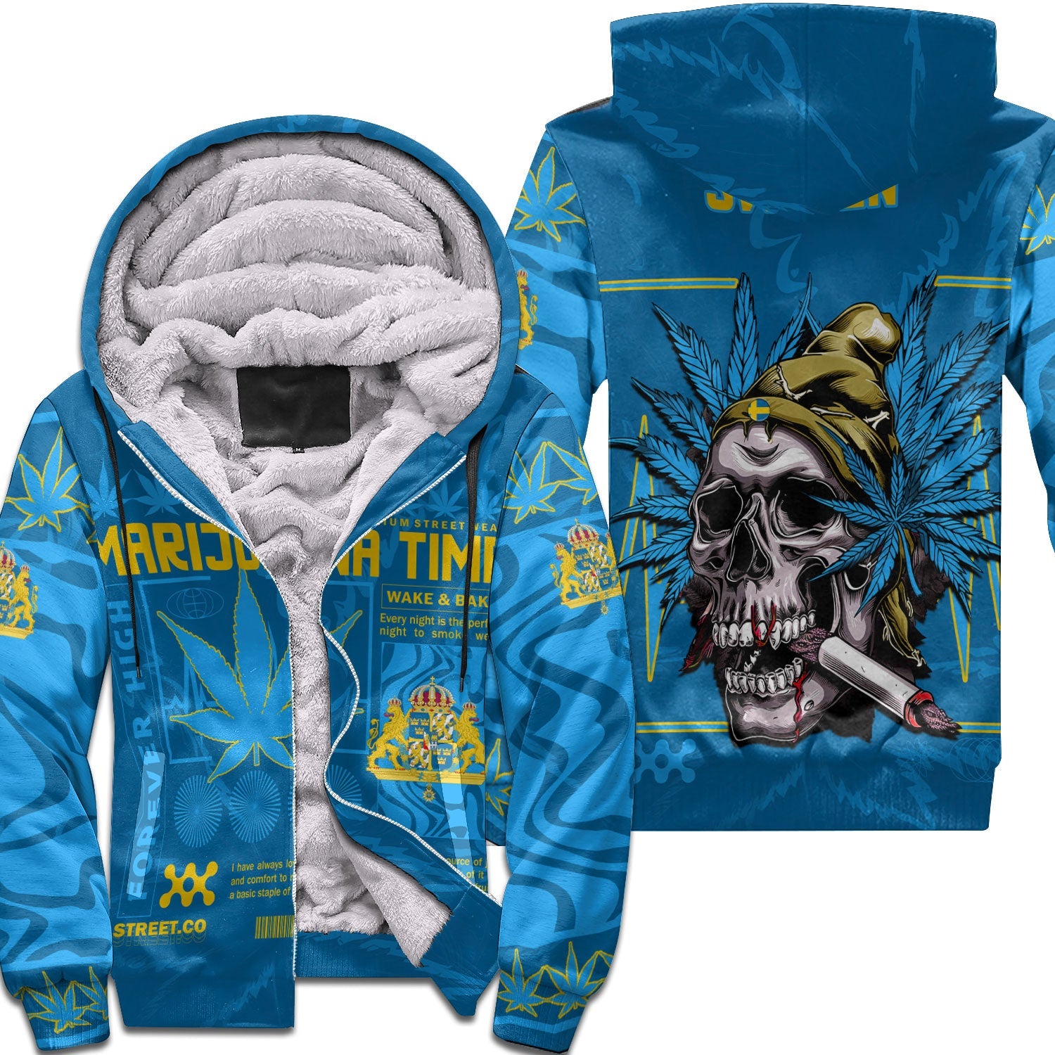 Sweden Sherpa Hoodie Flag & Coat Of Arms Marijuanas Style