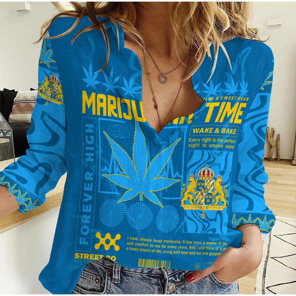 Sweden Women Casual Shirt Flag & Coat Of Arms Marijuanas Style