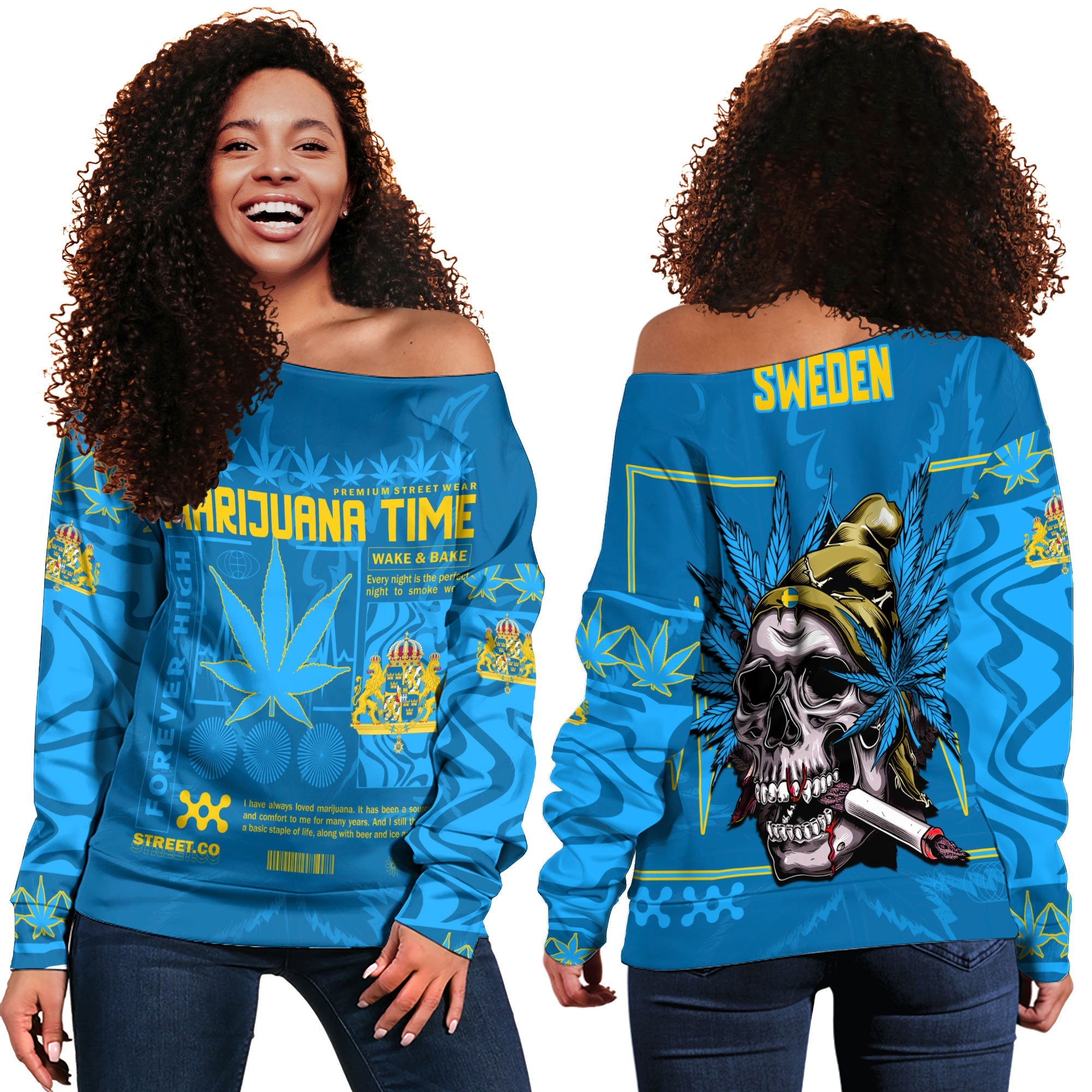 Sweden Women Off Shoulder Sweatshirt Flag & Coat Of Arms Marijuanas Style