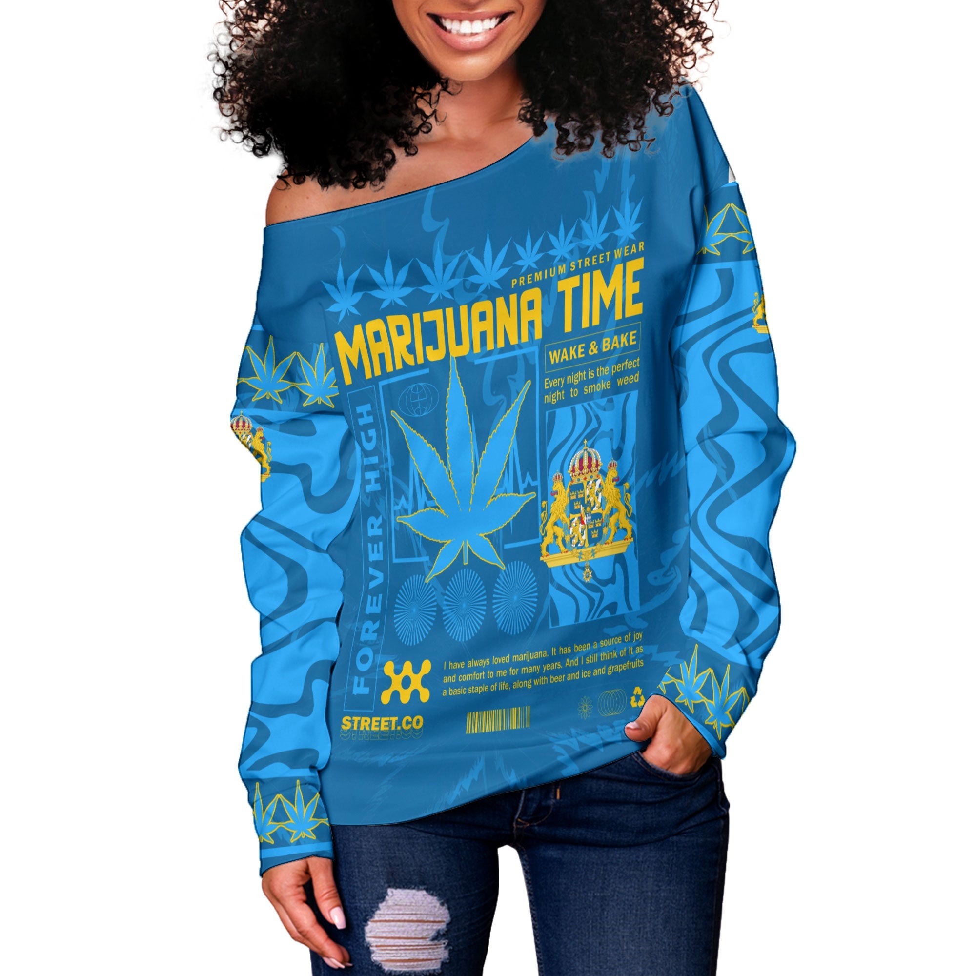 Sweden Women Off Shoulder Sweatshirt Flag & Coat Of Arms Marijuanas Style