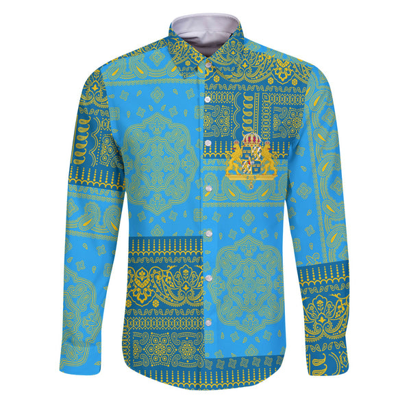 Sweden Long Sleeve Button Shirt Flag And Paisley Basic Style 1