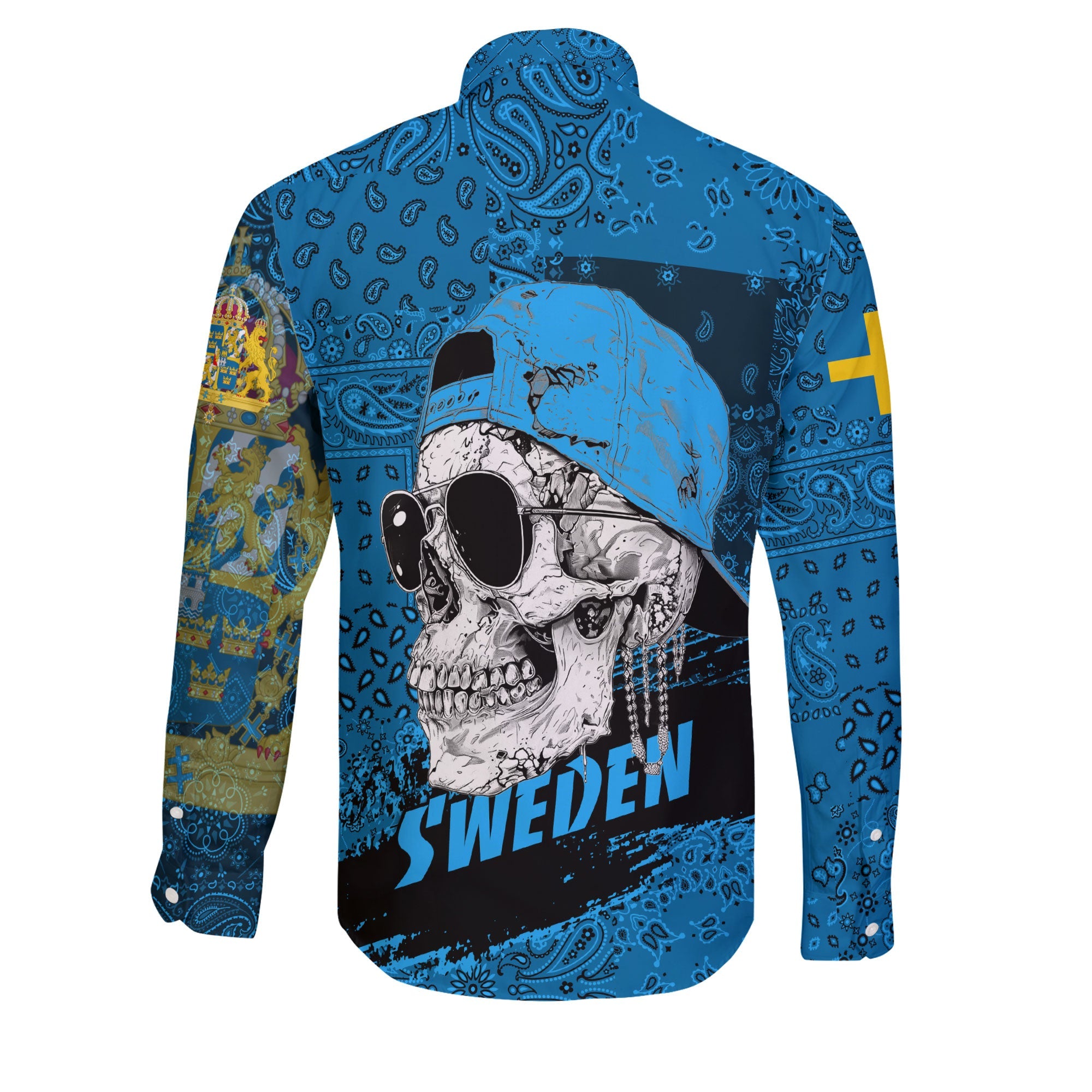 Sweden Long Sleeve Button Shirt Paisley Flag And Skull Style 2