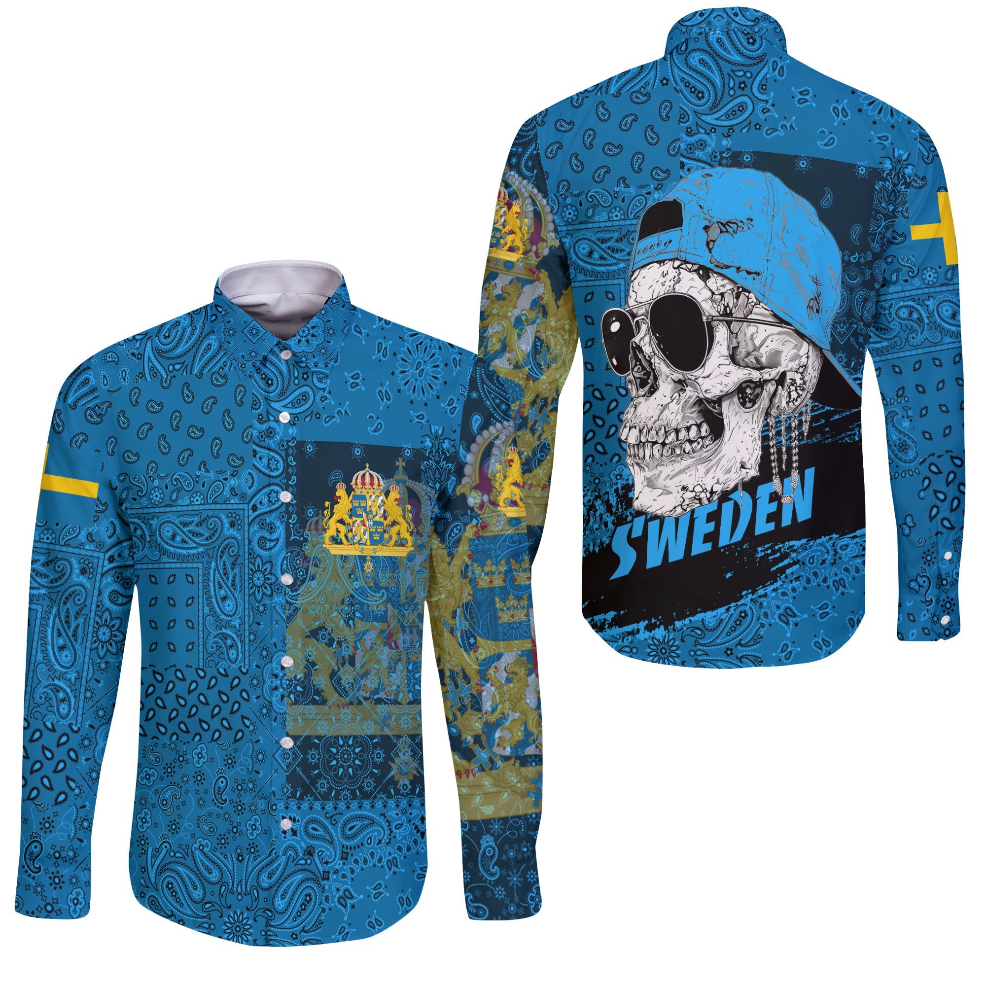 Sweden Long Sleeve Button Shirt Paisley Flag And Skull Style 3