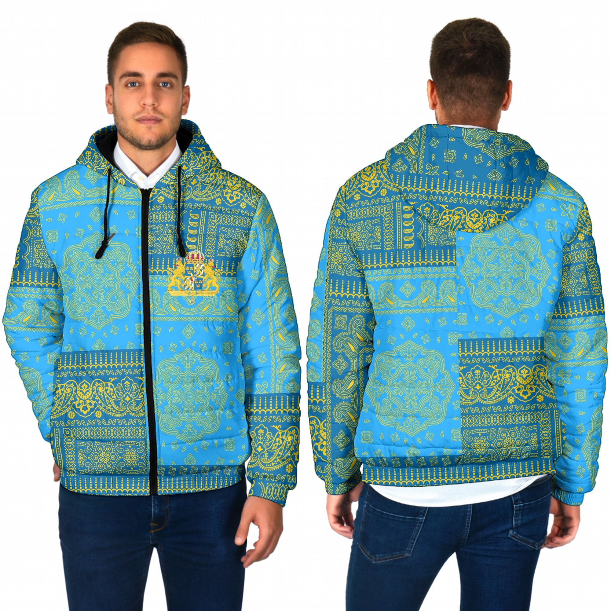 Sweden Men Hooded Padded Jacket Flag And Paisley Basic Style 1