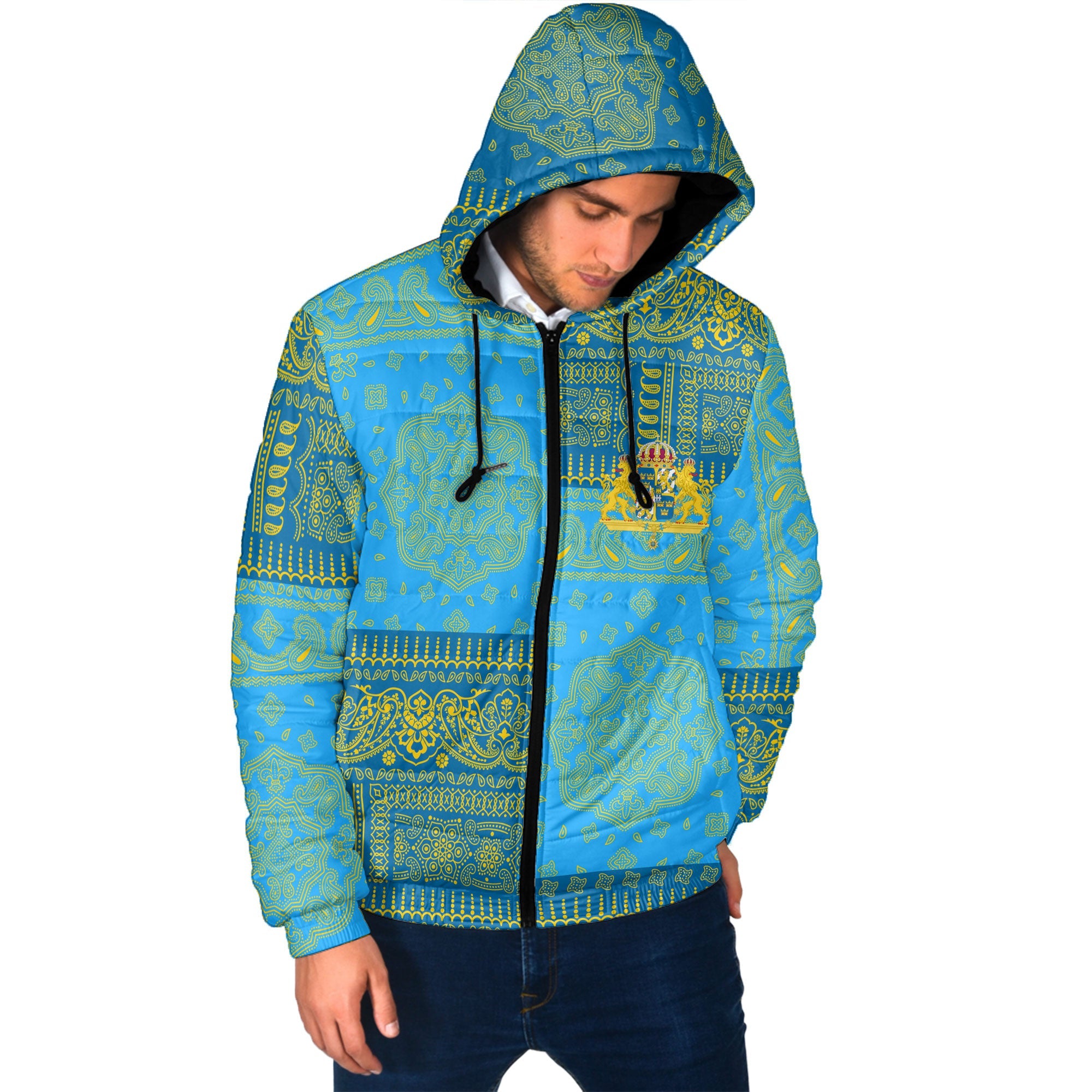 Sweden Men Hooded Padded Jacket Flag And Paisley Basic Style 2