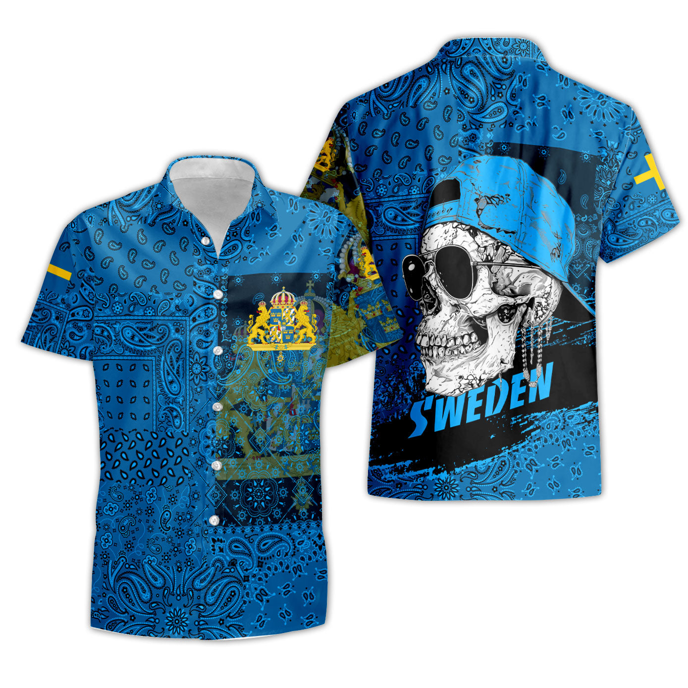 Sweden Short Sleeve Shirt Paisley Flag And Skull Style 3