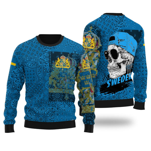 Sweden Ugly Sweater Paisley Flag And Skull Style 1