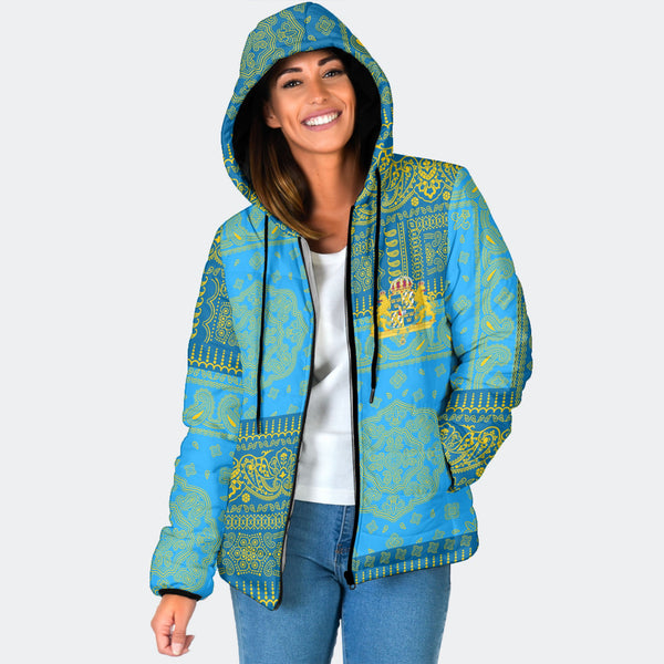 Sweden Women Hooded Padded Jacket Flag And Paisley Basic Style 1