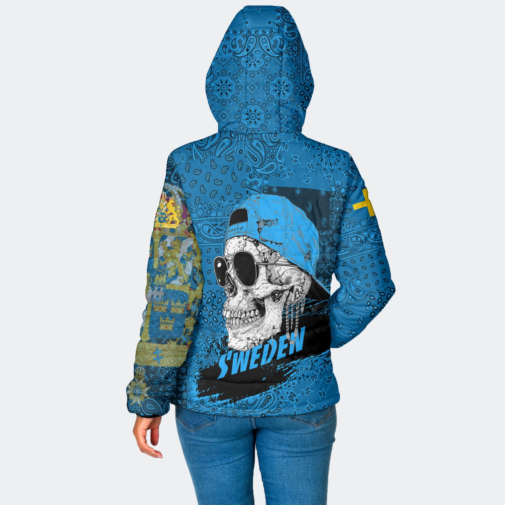 Sweden Women Hooded Padded Jacket Paisley Flag And Skull Style 2