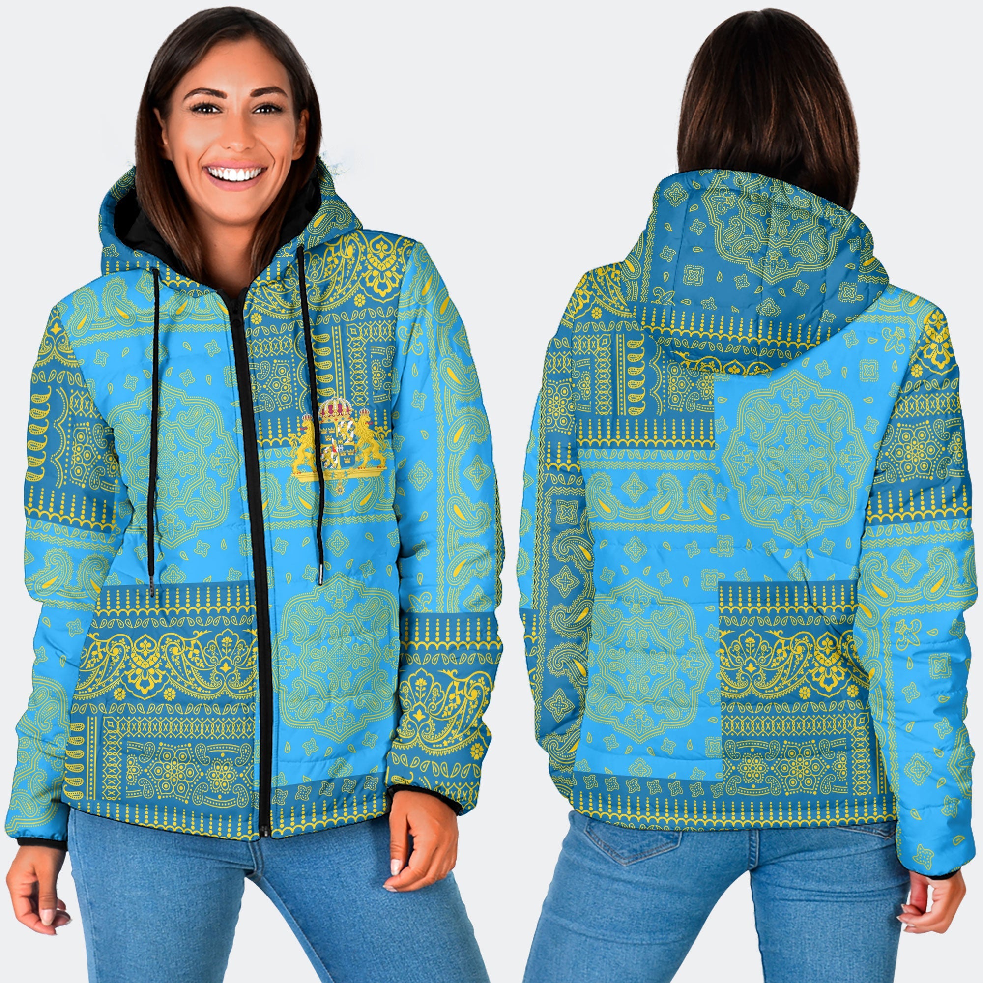 Sweden Women Hooded Padded Jacket Flag And Paisley Basic Style 3