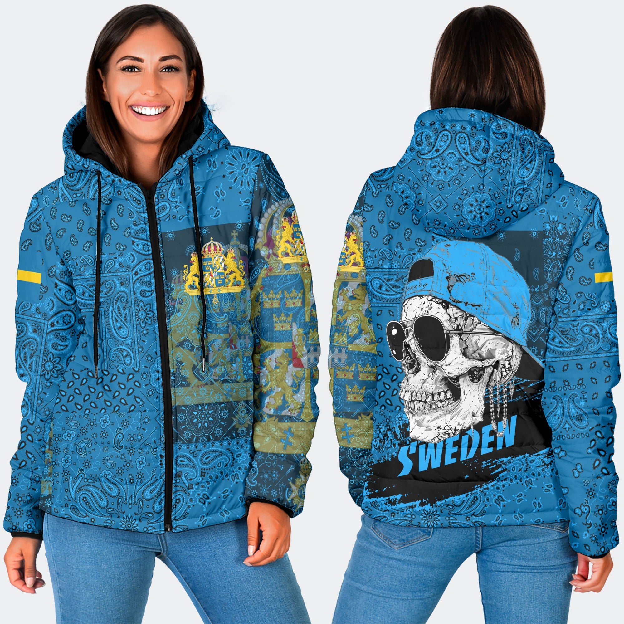 Sweden Women Hooded Padded Jacket Paisley Flag And Skull Style 3