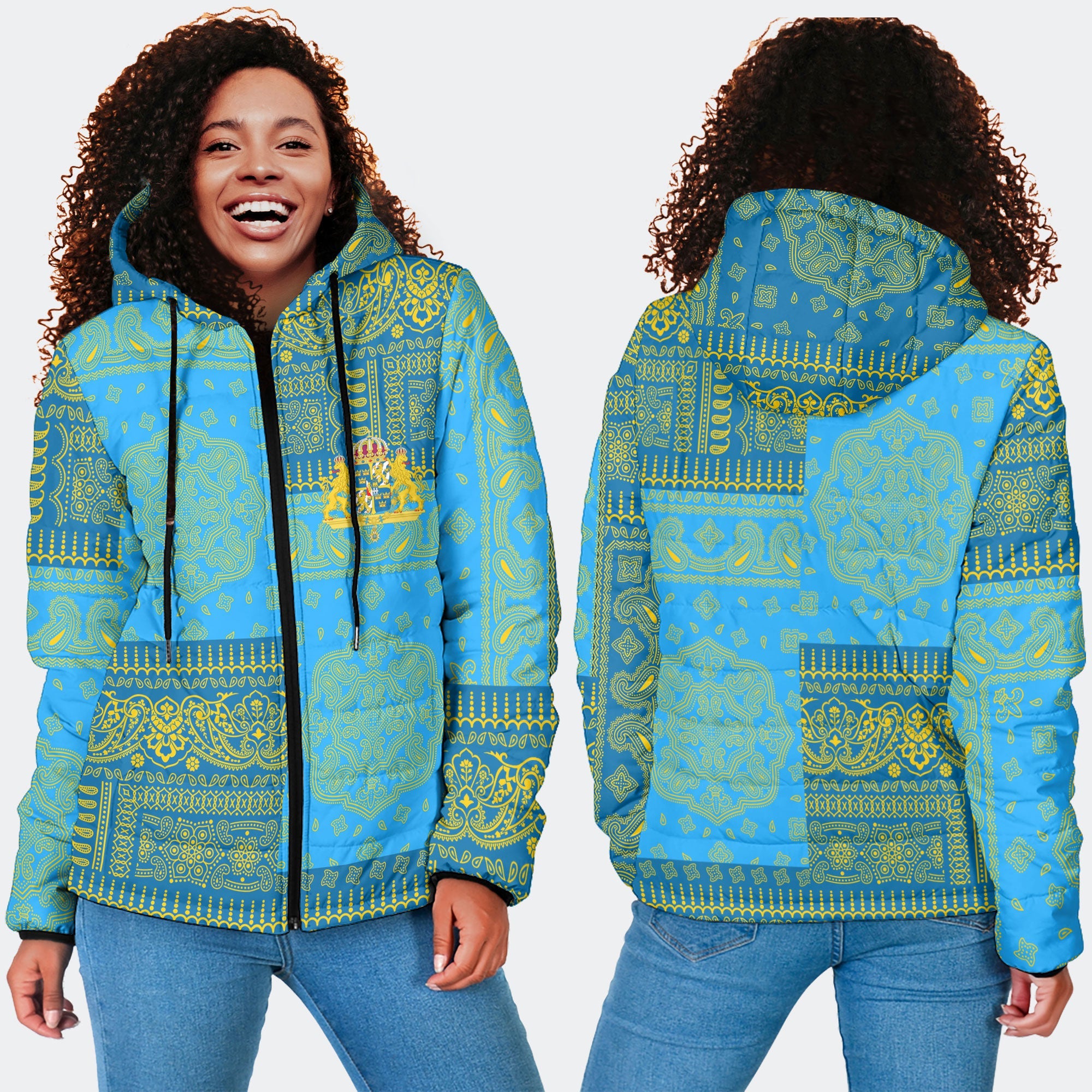 Sweden Women Hooded Padded Jacket Flag And Paisley Basic Style 4