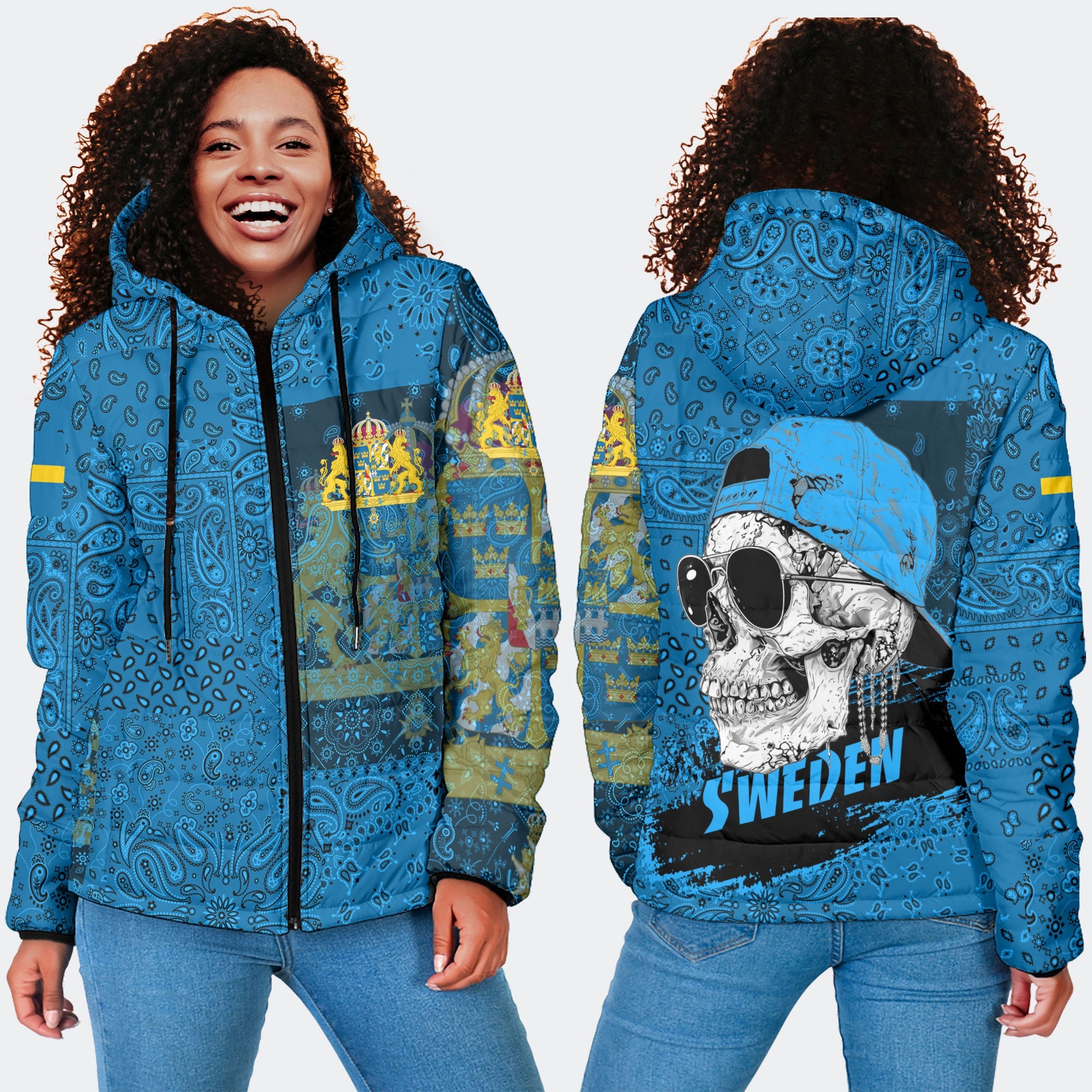 Sweden Women Hooded Padded Jacket Paisley Flag And Skull Style 4