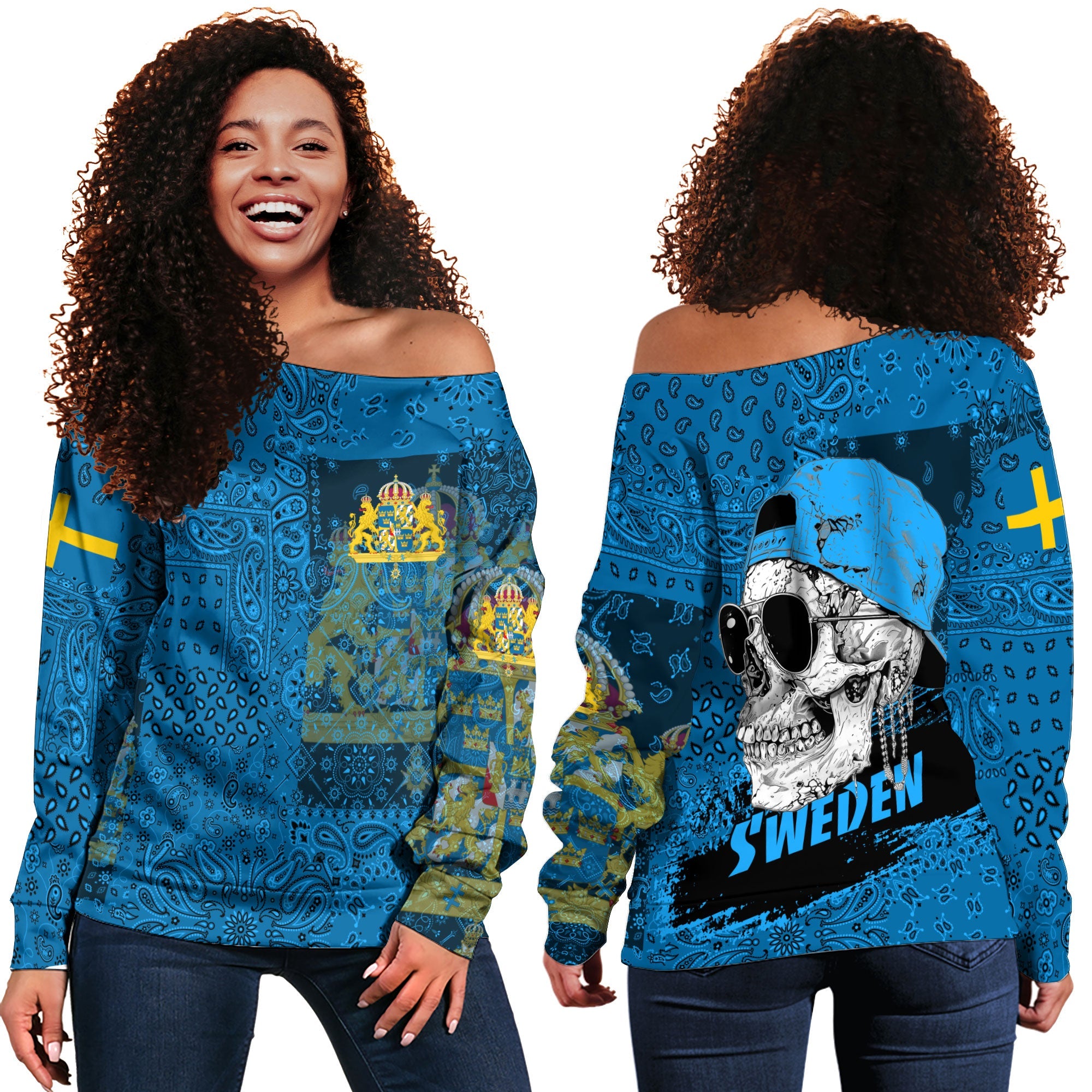 Sweden Women Off Shoulder Sweatshirt Paisley Flag And Skull Style 1