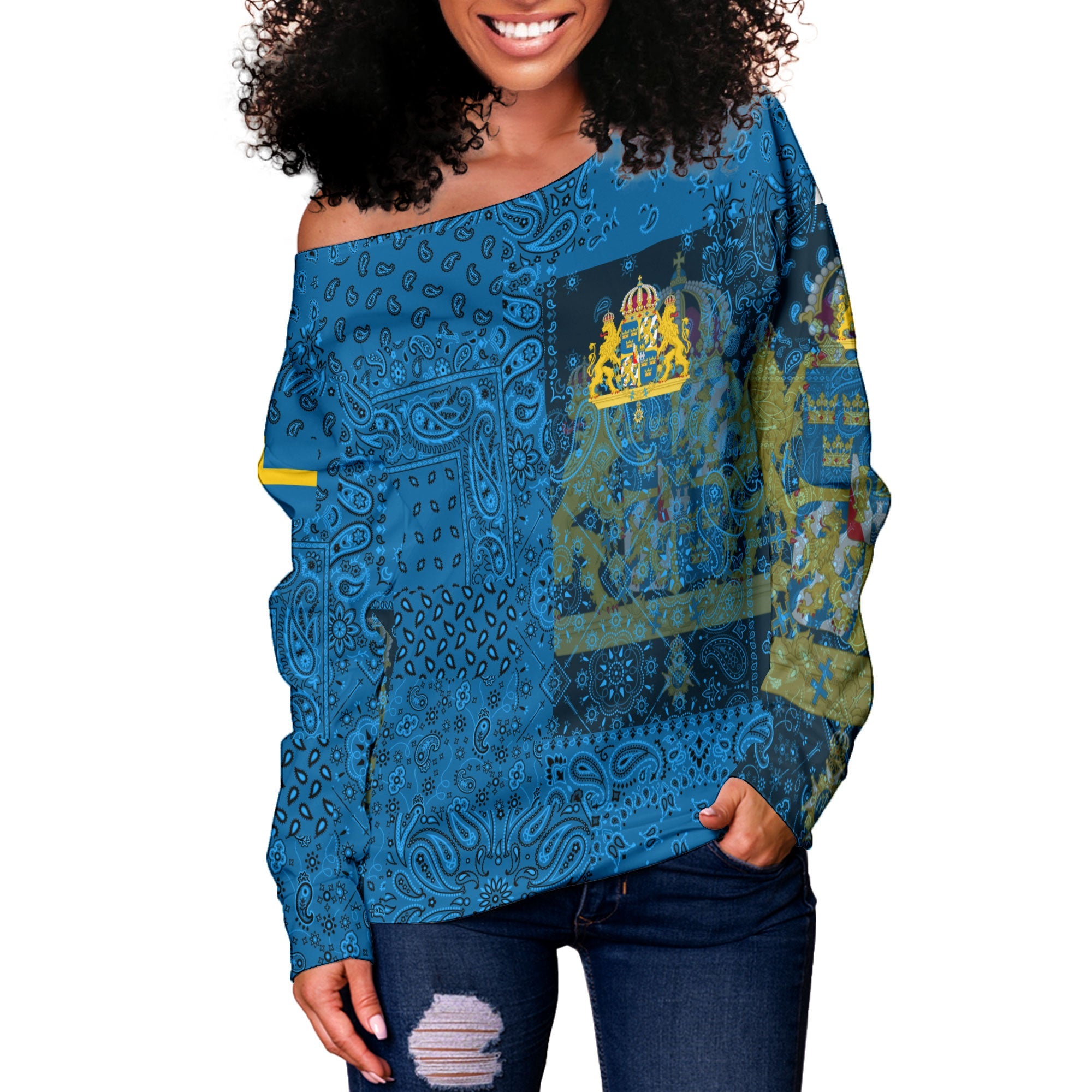 Sweden Women Off Shoulder Sweatshirt Paisley Flag And Skull Style 2