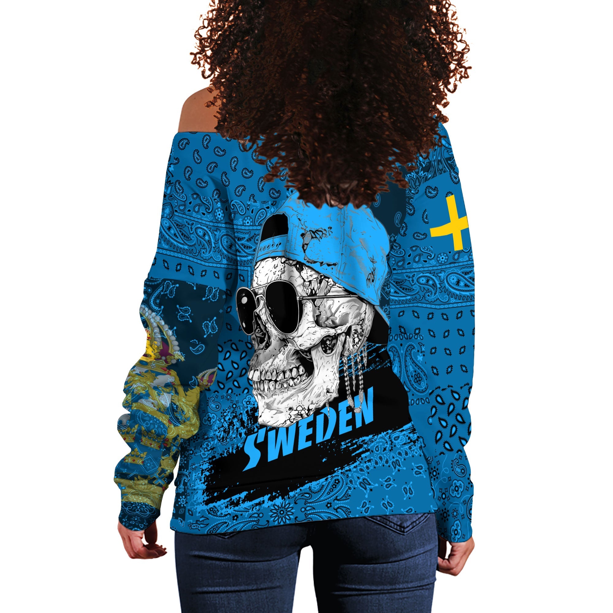 Sweden Women Off Shoulder Sweatshirt Paisley Flag And Skull Style 3