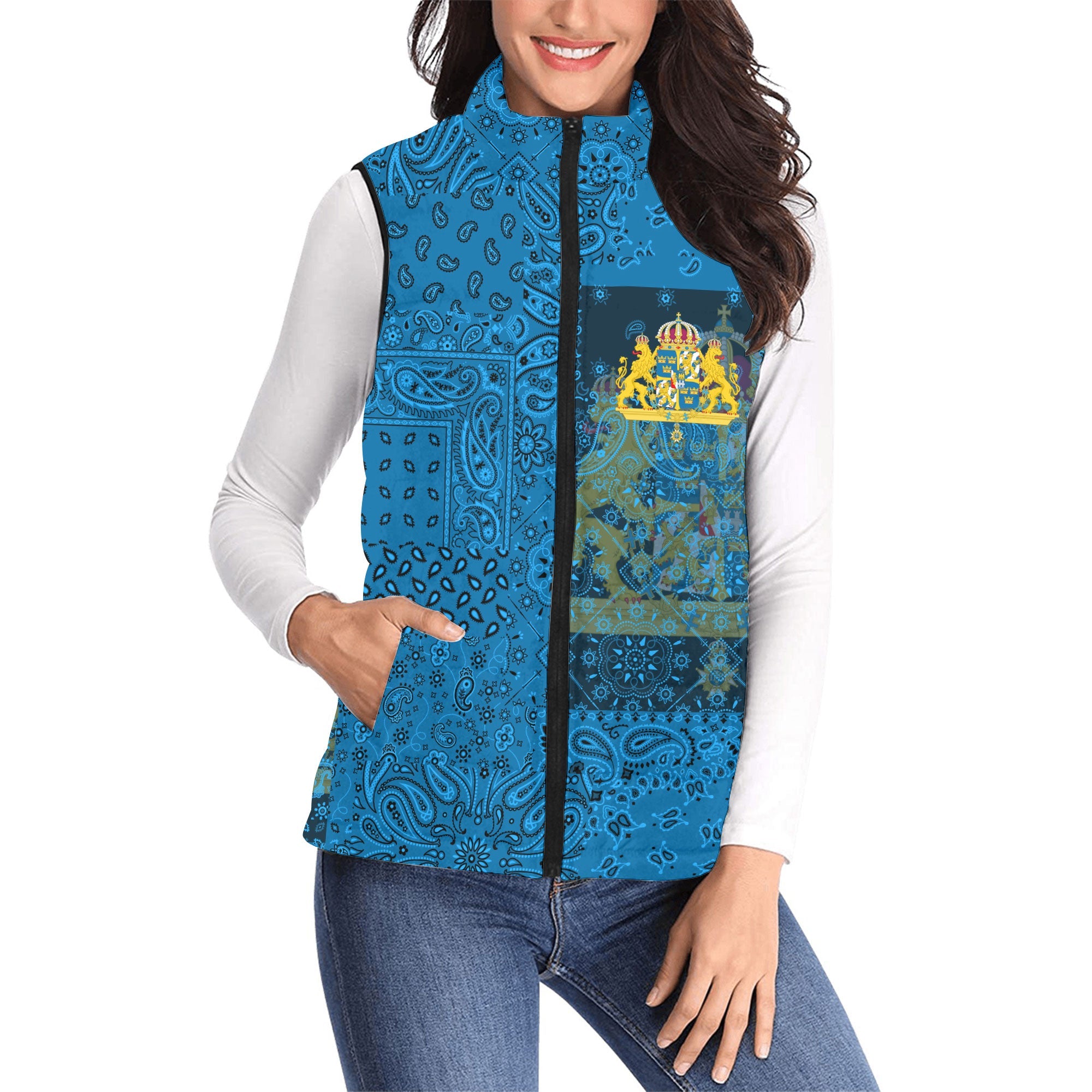 Sweden Women Padded Jacket Vest Paisley Flag And Skull Style 1