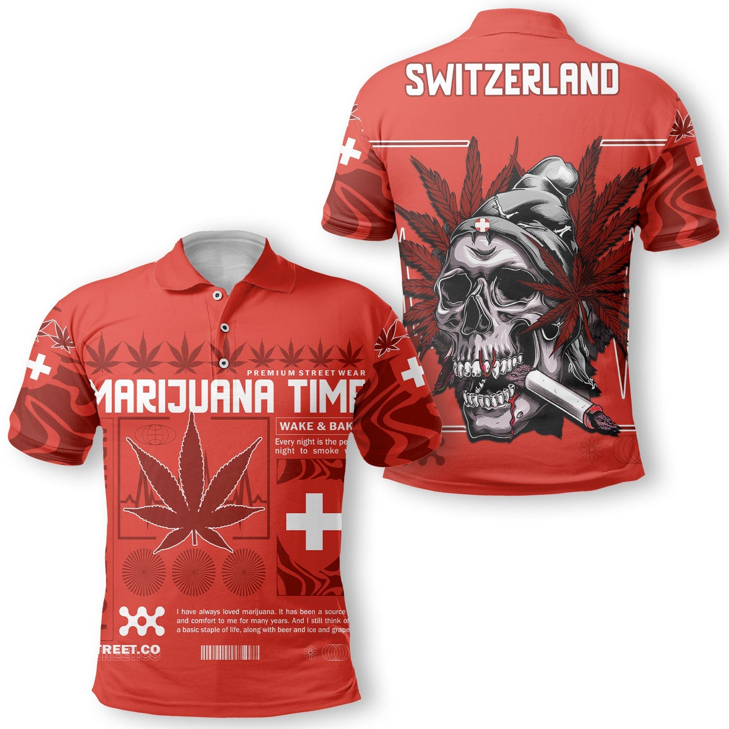 Switzerland Polo Shirt Flag & Coat Of Arms Marijuanas Style