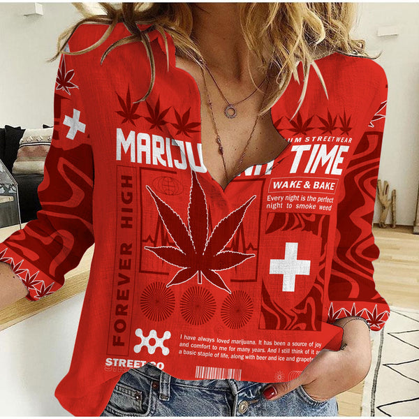 Switzerland Women Casual Shirt Flag & Coat Of Arms Marijuanas Style