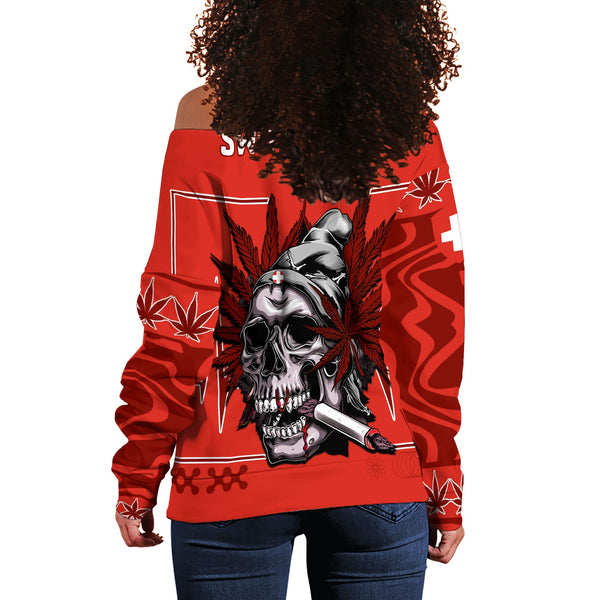 Switzerland Women Off Shoulder Sweatshirt Flag & Coat Of Arms Marijuanas Style