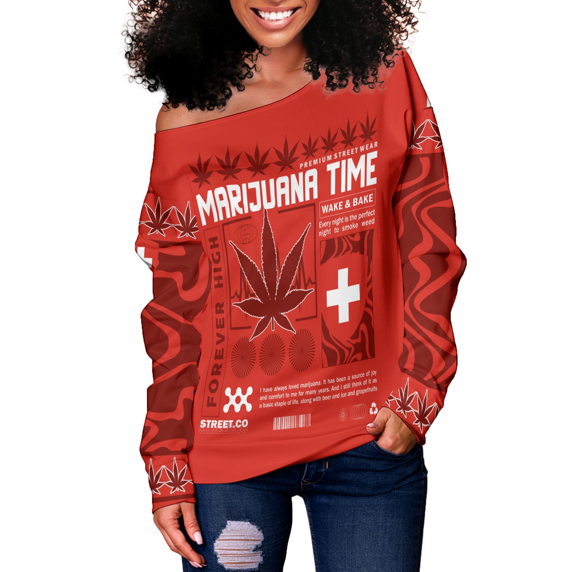 Switzerland Women Off Shoulder Sweatshirt Flag & Coat Of Arms Marijuanas Style