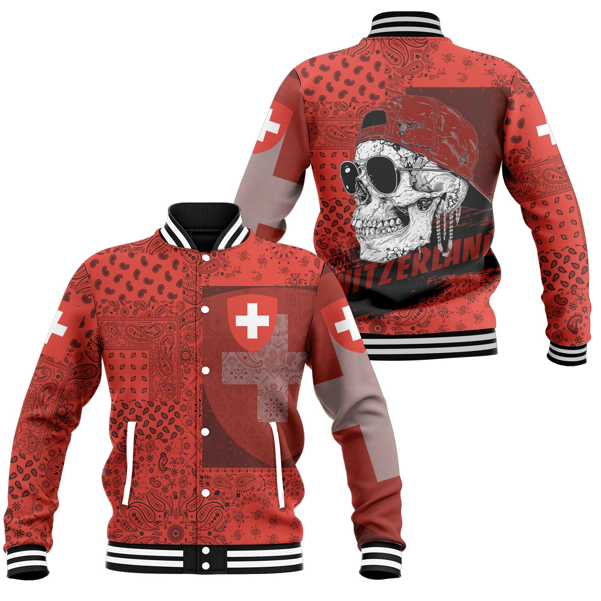 Switzerland Baseball Jacket Paisley Flag And Skull Style 1