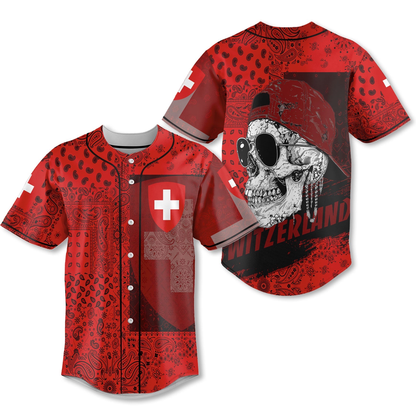 Switzerland Baseball Jersey Paisley Flag And Skull Style 1