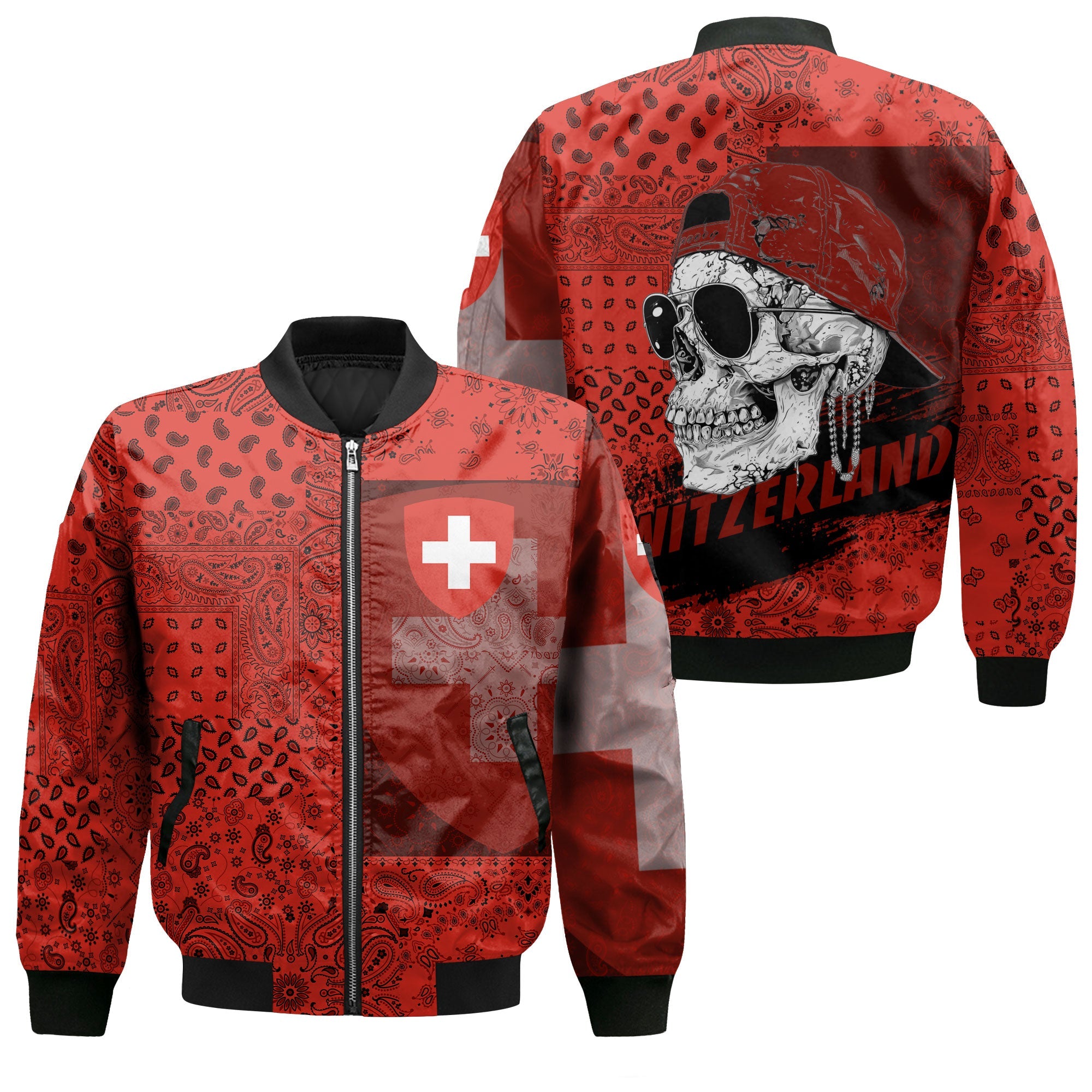 Switzerland Bomber Jacket Paisley Flag And Skull Style 1