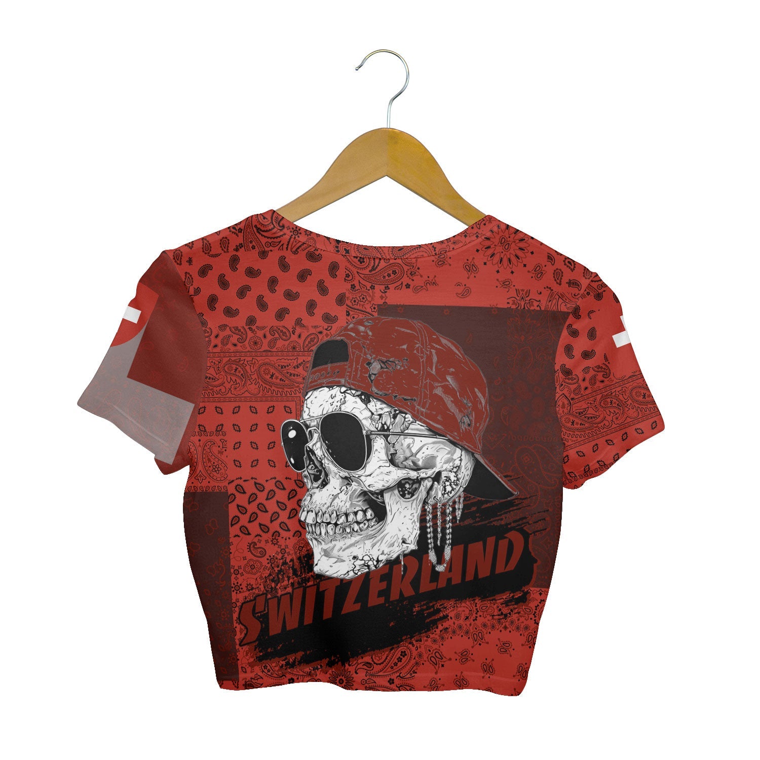 Switzerland Croptop T Shirt Paisley Flag And Skull Style 2