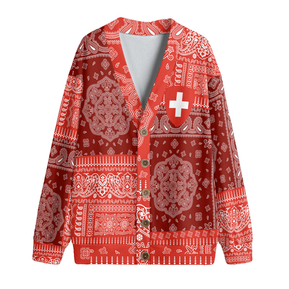 Switzerland Fleece Cardigan Flag And Paisley Basic Style 1