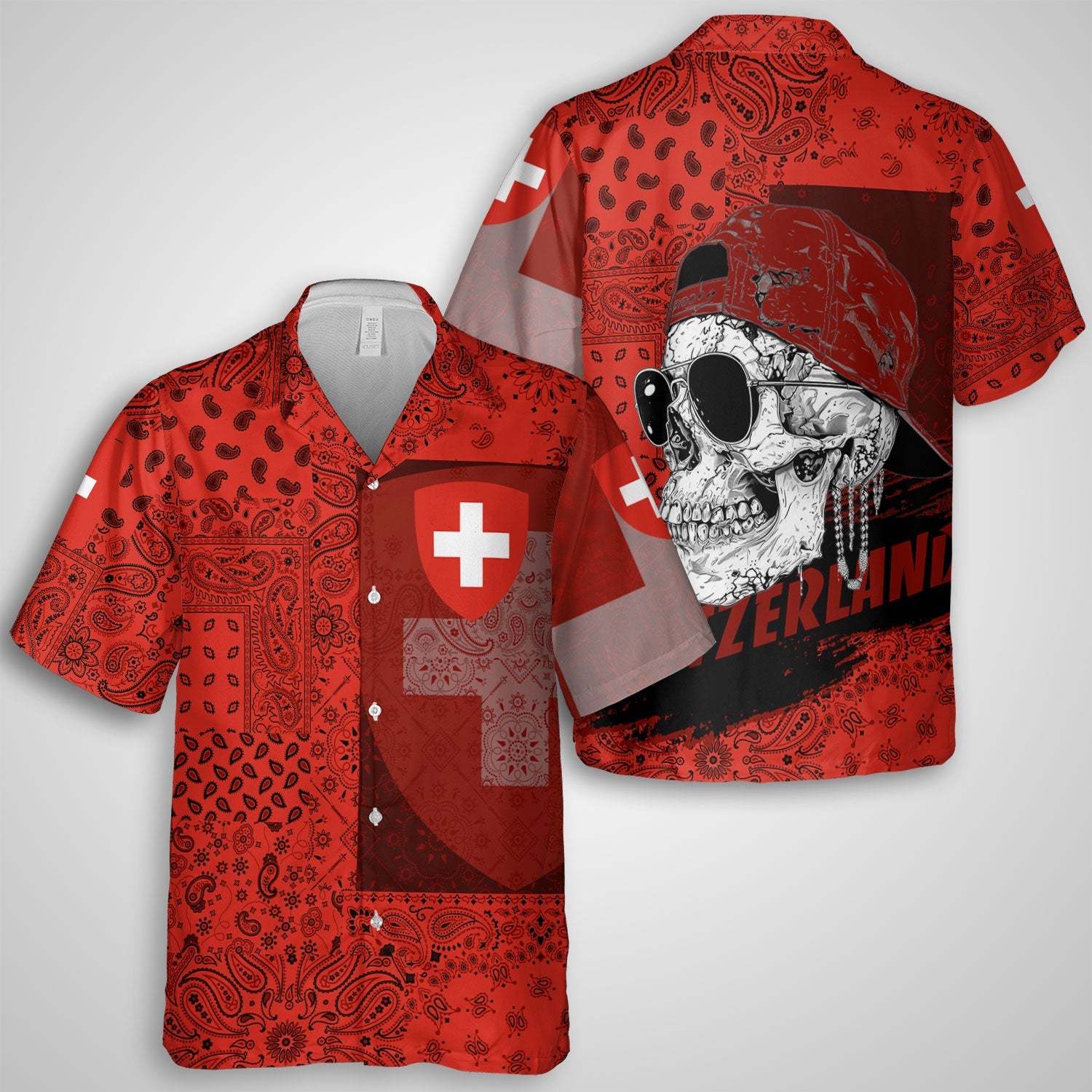 Switzerland Hawaiian Shirt Paisley Flag And Skull Style 1