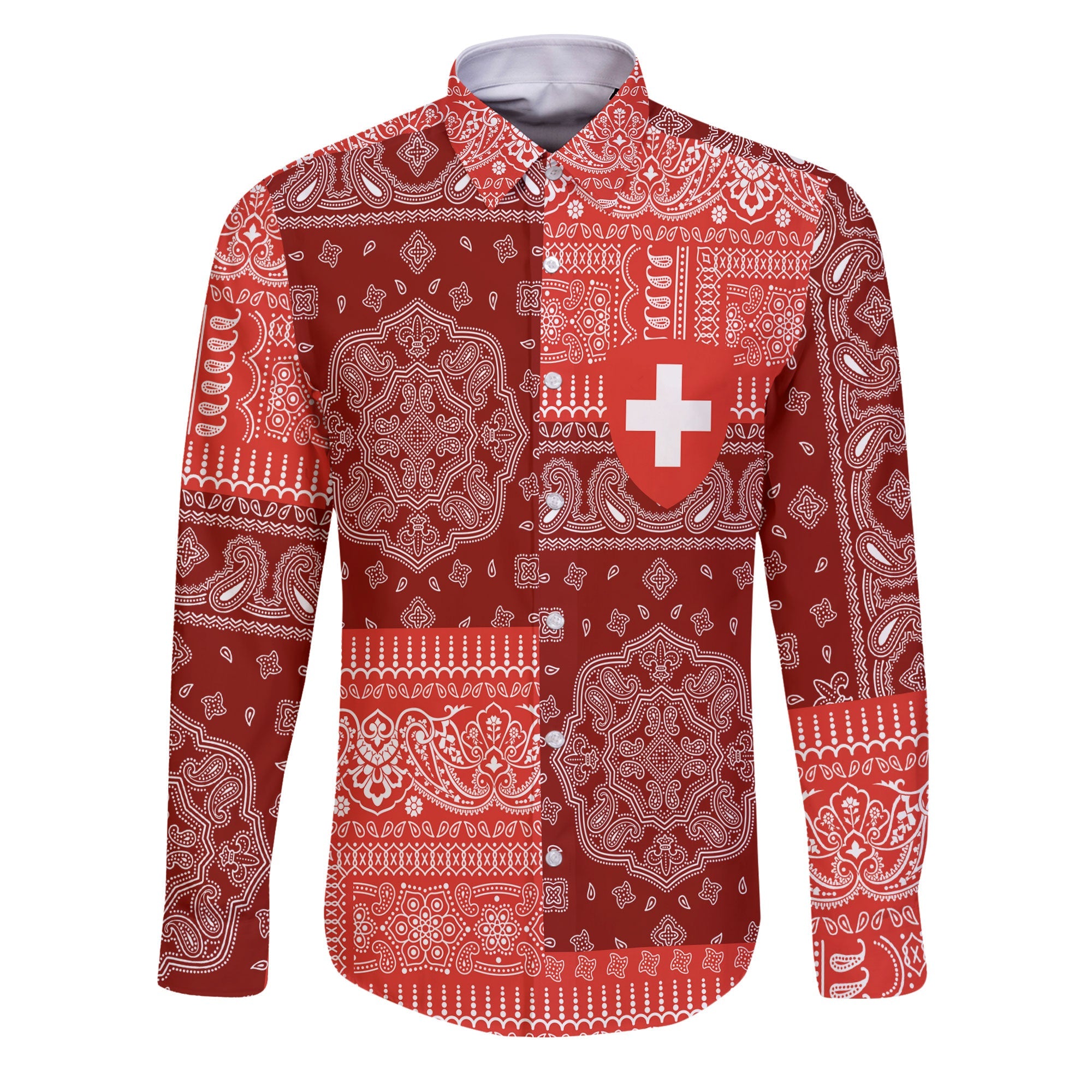 Switzerland Long Sleeve Button Shirt Flag And Paisley Basic Style 1