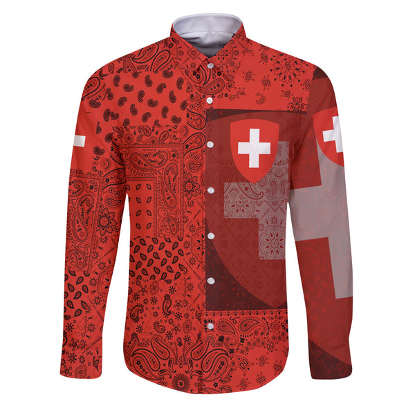 Switzerland Long Sleeve Button Shirt Paisley Flag And Skull Style 1