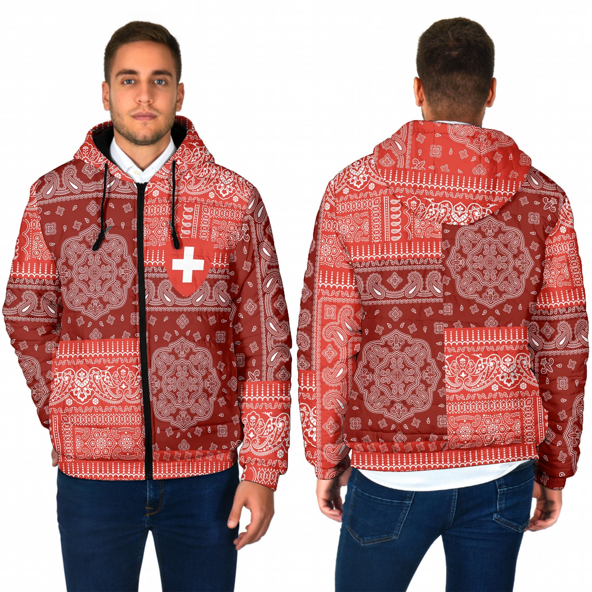 Switzerland Men Hooded Padded Jacket Flag And Paisley Basic Style 1