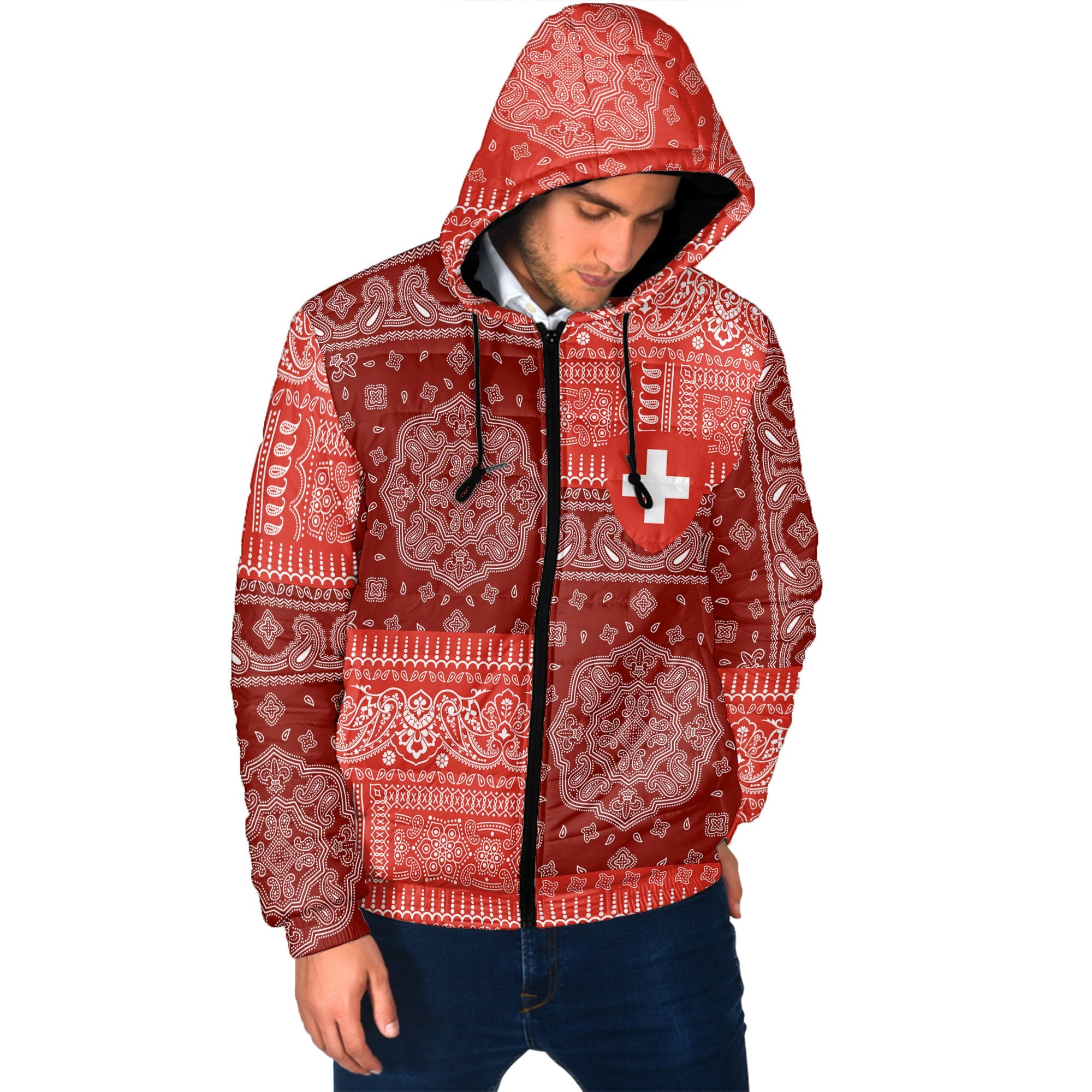 Switzerland Men Hooded Padded Jacket Flag And Paisley Basic Style 2