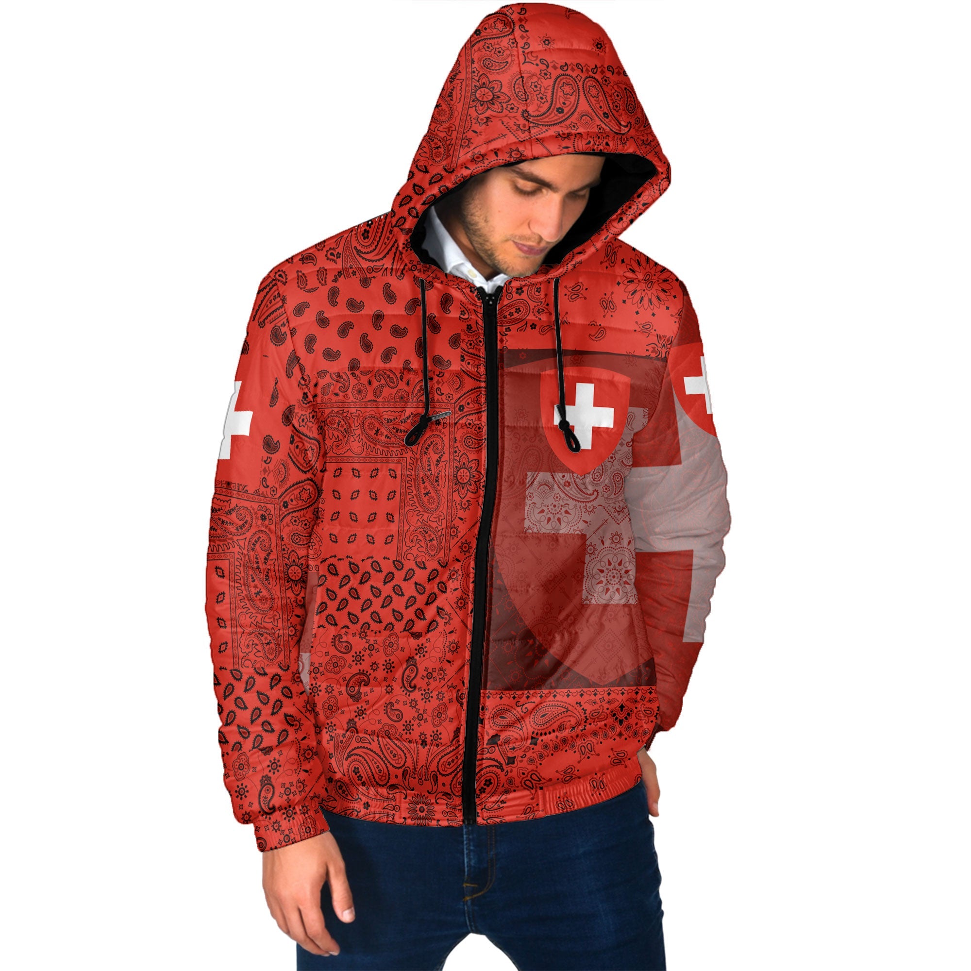 Switzerland Men Hooded Padded Jacket Paisley Flag And Skull Style 2